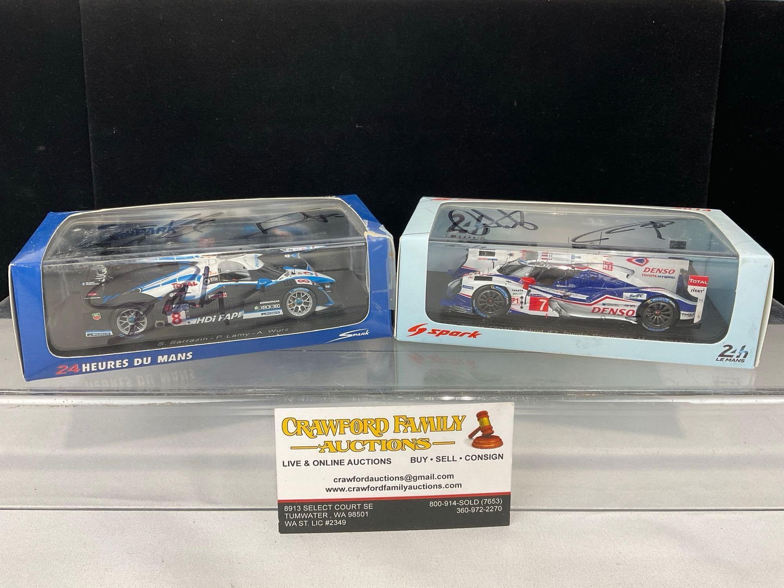 2 Spark 1/43 Diecast Car Models, 2008 Peugeot HD1 & 2014 Toyota TS040 Hybrid, Signed by 4 Drivers: Both signed by Alexander Wurz & Stephane Sarrazin, Each one is signed by either Kazuki Nakajima or Pedro Lamy. All comes from the same diecast car collection. Appears to be in good shape. The piec