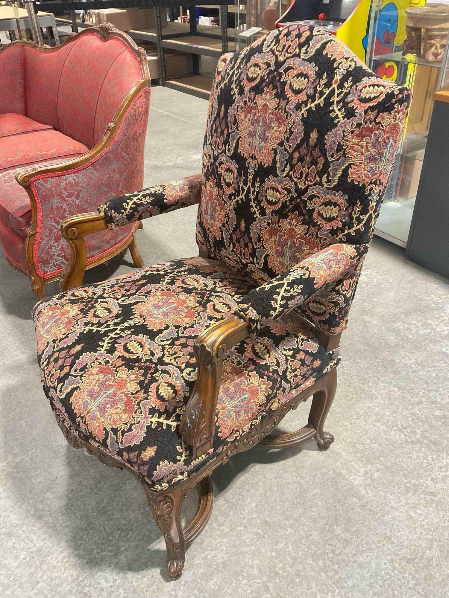 Vintage Armchair w/ Dramatic Black & Pink Tapestry Upholstery. Excellent Condition. See pics. - 2