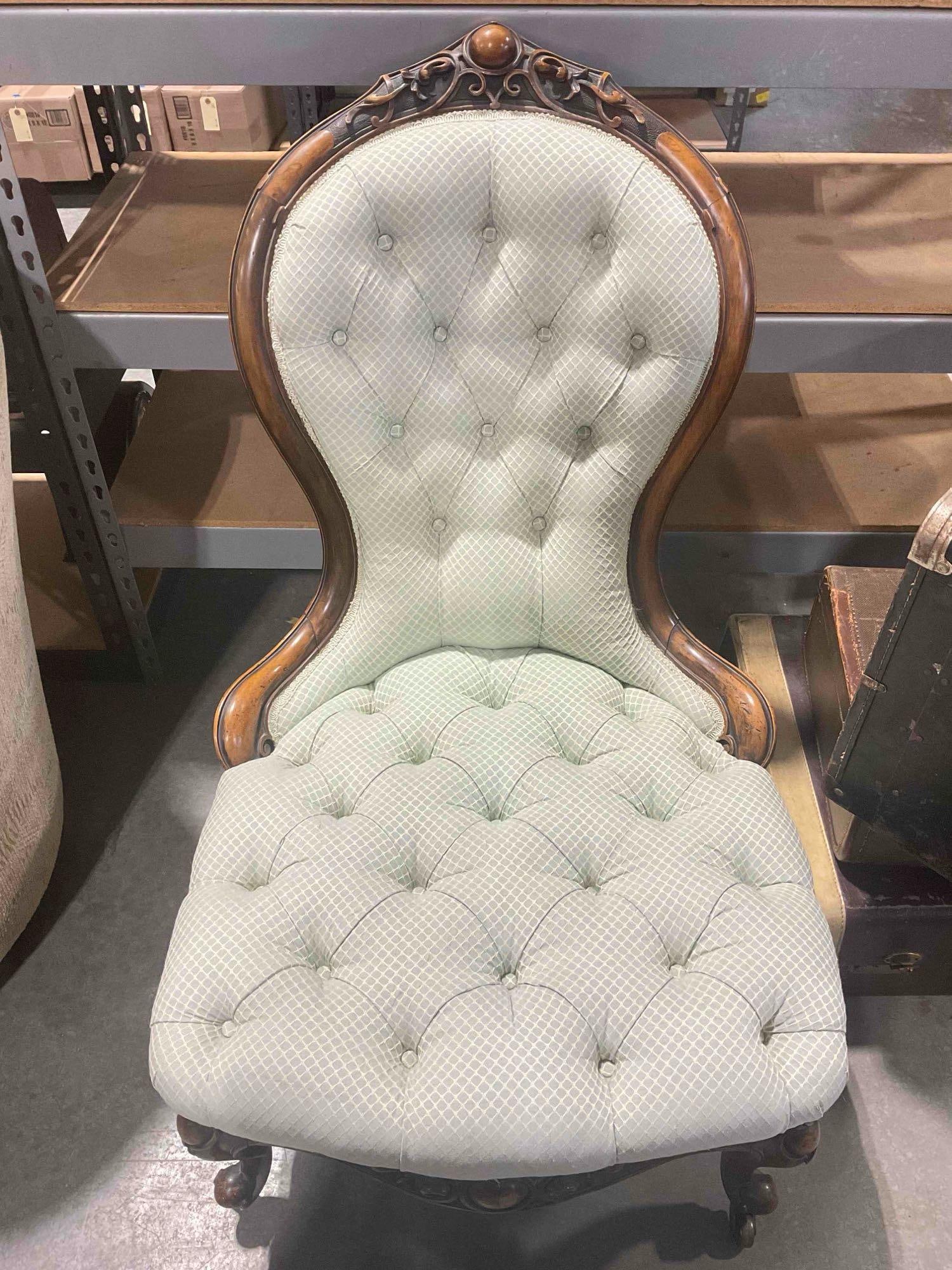 Beautiful Antique Victorian Mahogany Parlor Chair w/ Mint Green Upholstery. Excellent Condition.: Beautiful Antique Victorian Mahogany Parlor Chair w/ Mint Green Upholstery. Excellent Condition. Darling, beautiful carvings and elegant shape. Measures 22" x 33" x 36" DM-5520 *Freight Required