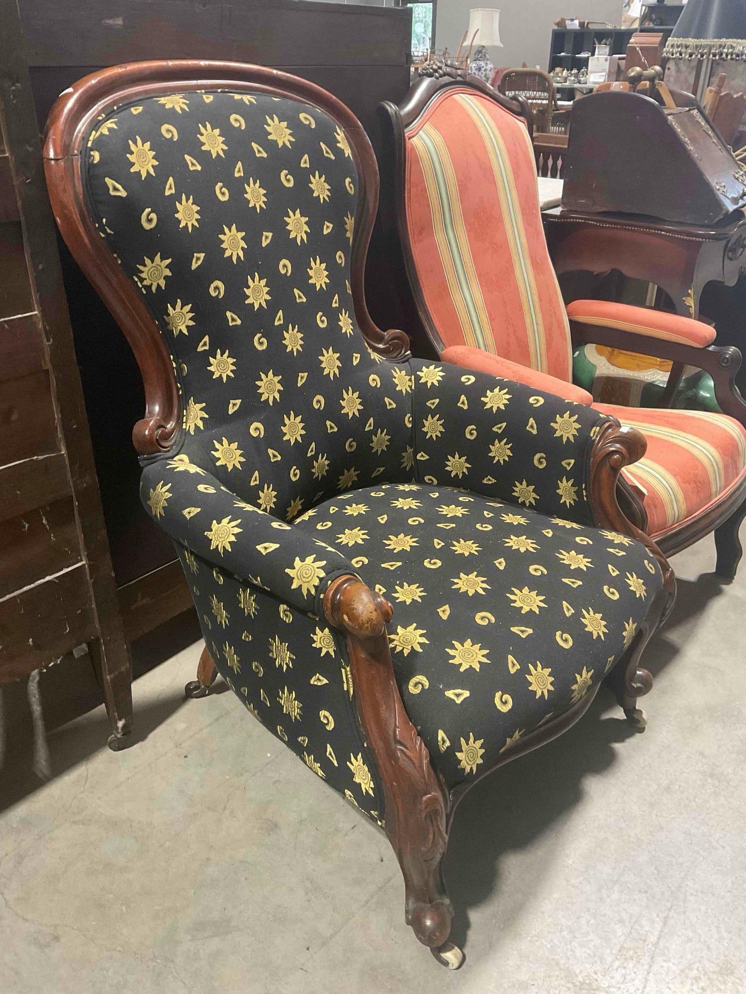 Antique Mahogany Arm Chair w/ Vintage Black & Gold Upholstery. Excellent Condition. See pics. - 2