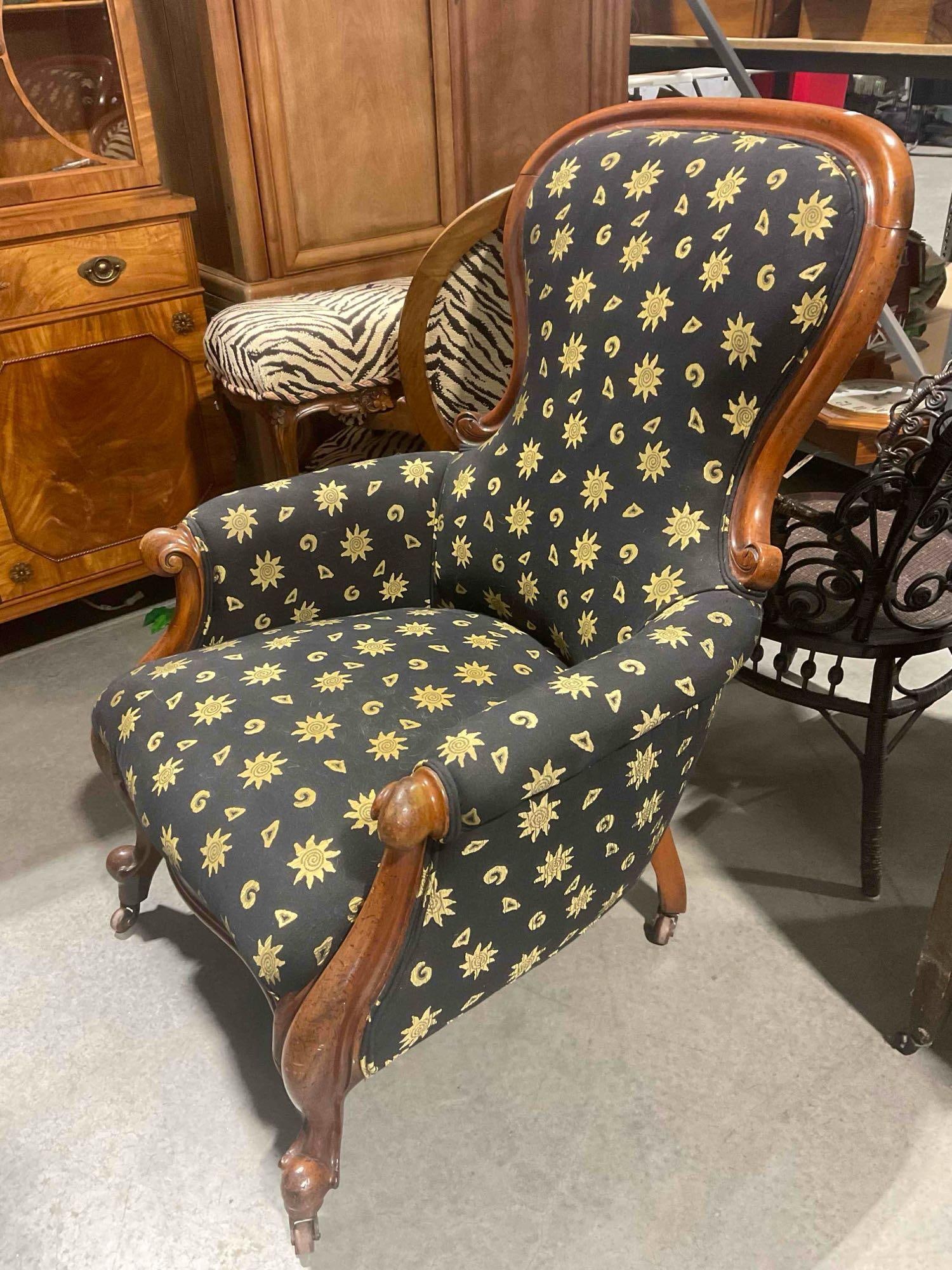 Antique Mahogany Arm Chair w/ Vintage Black & Gold Upholstery. Excellent Condition. See pics. - 2