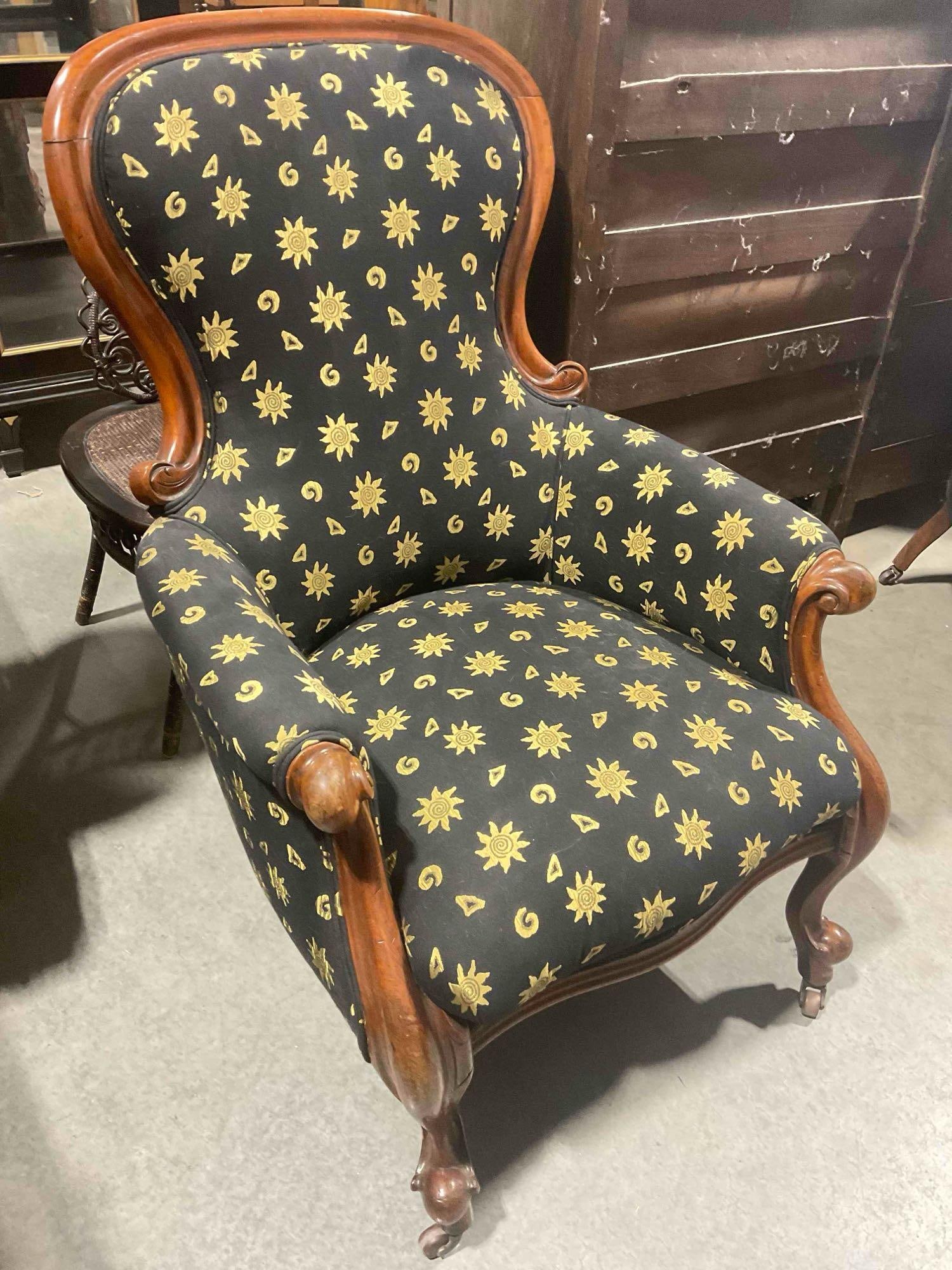 Antique Mahogany Arm Chair w/ Vintage Black & Gold Upholstery. Excellent Condition. See pics. - 3
