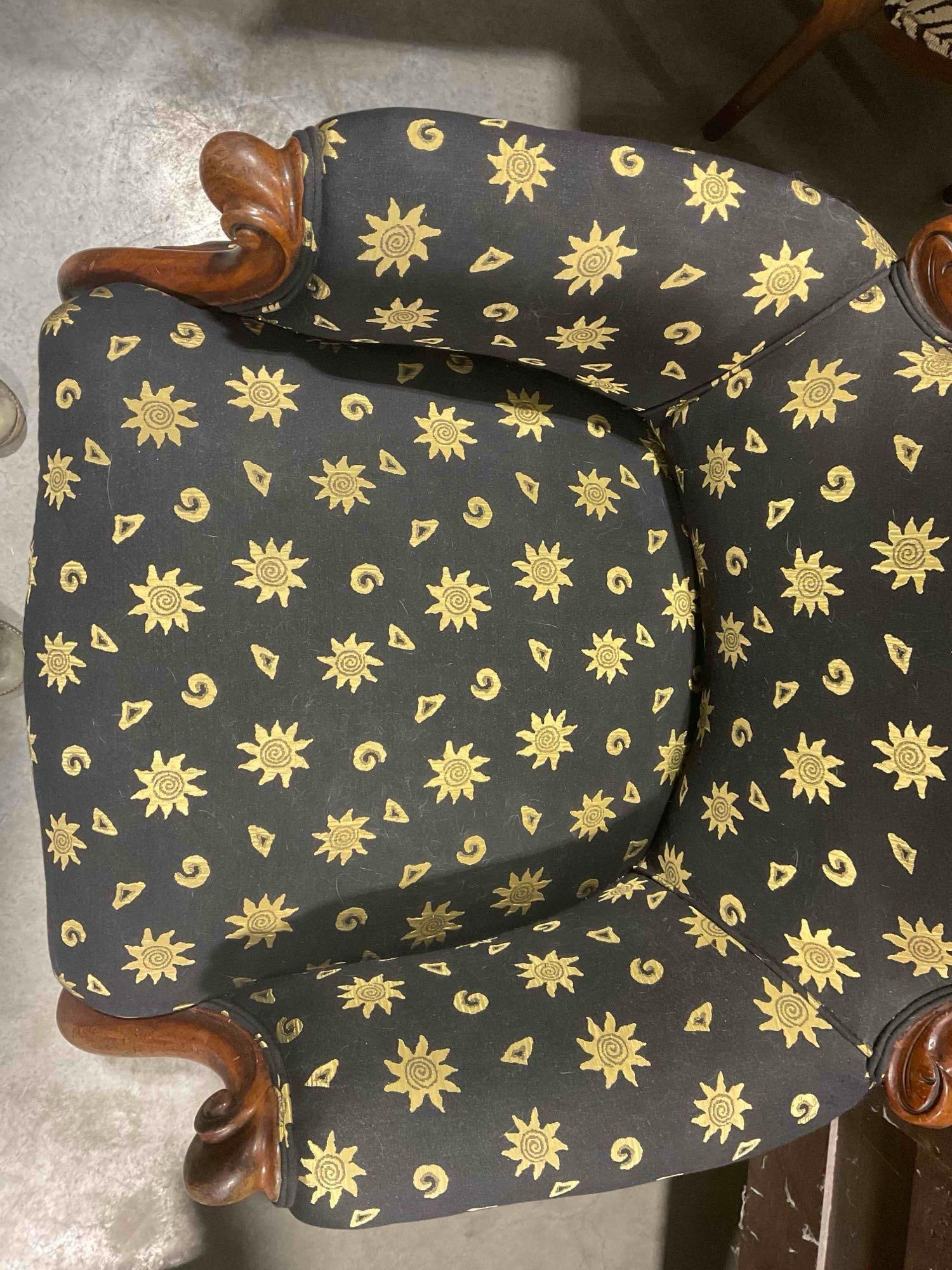 Antique Mahogany Arm Chair w/ Vintage Black & Gold Upholstery. Excellent Condition. See pics. - 5