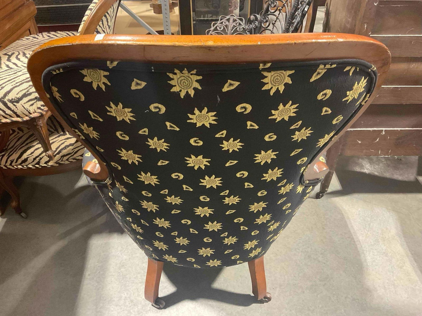 Antique Mahogany Arm Chair w/ Vintage Black & Gold Upholstery. Excellent Condition. See pics. - 6