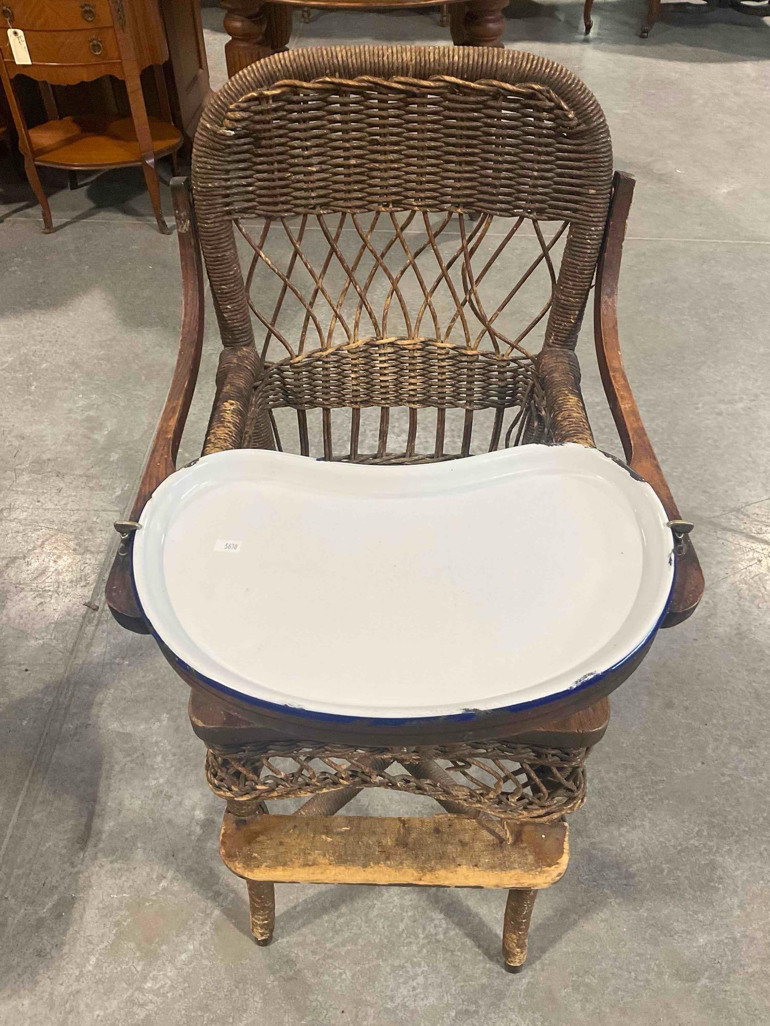Antique Wood & Wicker High Chair w/ White Enameled Dish. Very Good Condition. See pics. (1 of 6)