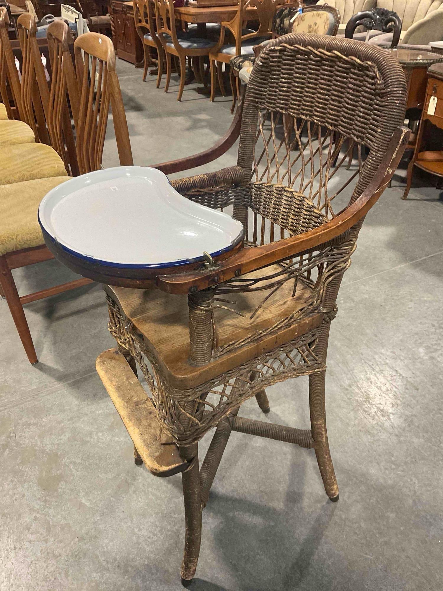 Antique Wood & Wicker High Chair w/ White Enameled Dish. Very Good Condition. See pics. - 2