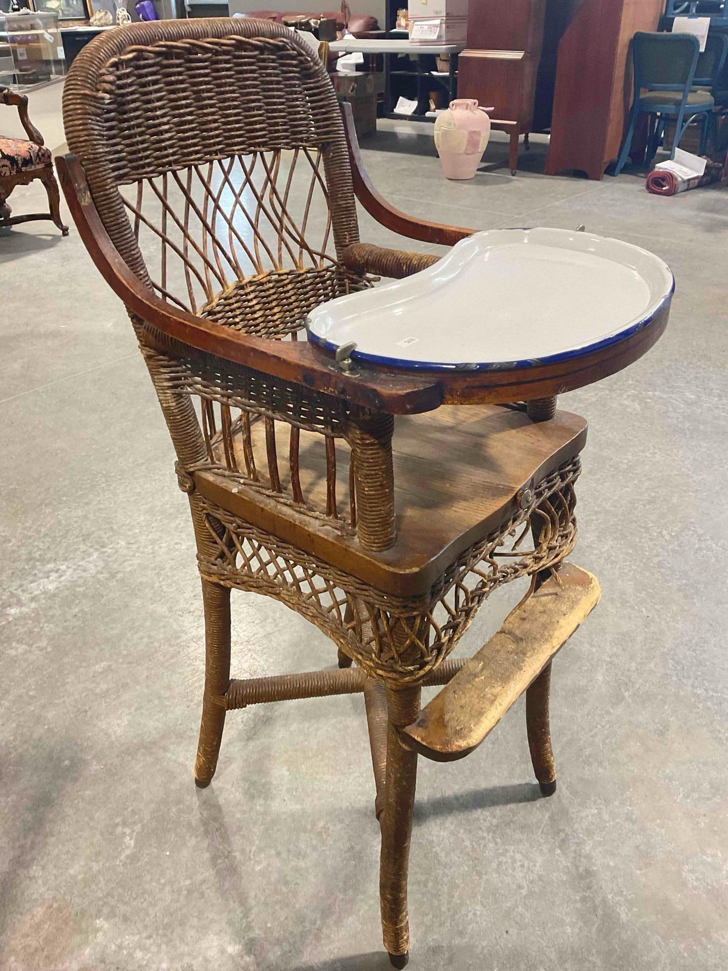 Antique Wood & Wicker High Chair w/ White Enameled Dish. Very Good Condition. See pics. - 3
