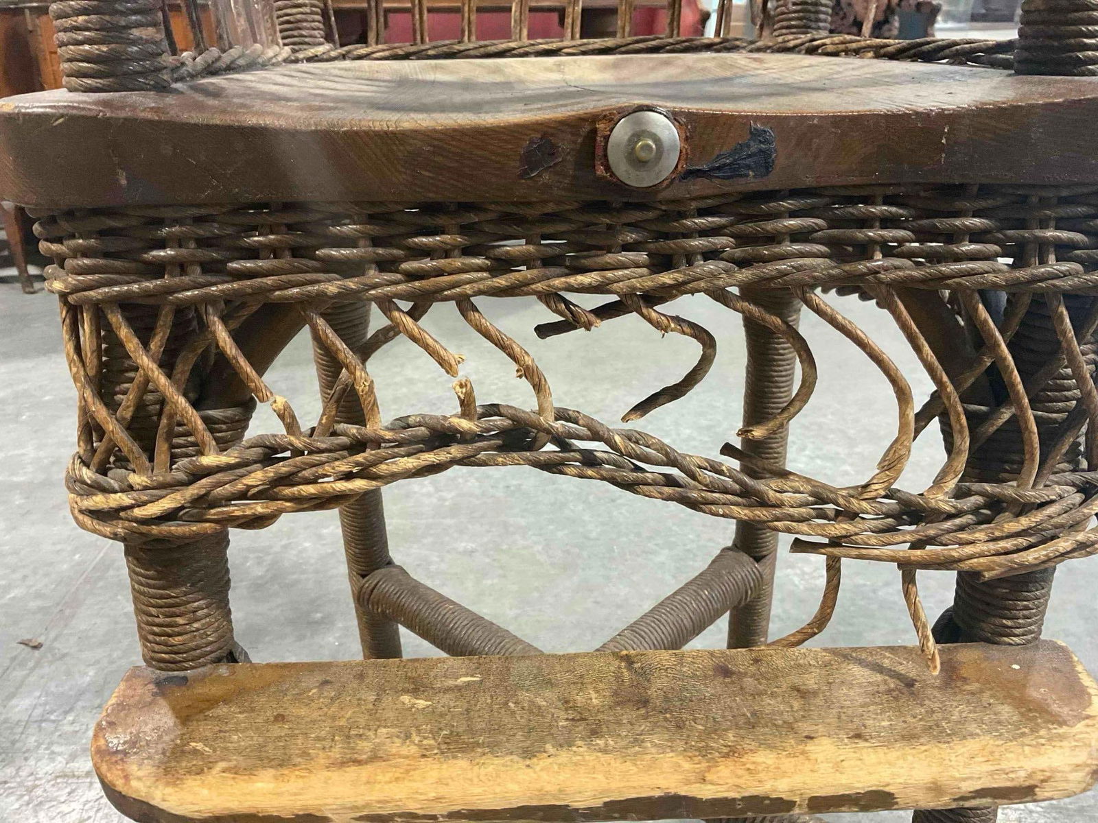 Antique Wood & Wicker High Chair w/ White Enameled Dish. Very Good Condition. See pics. - 4