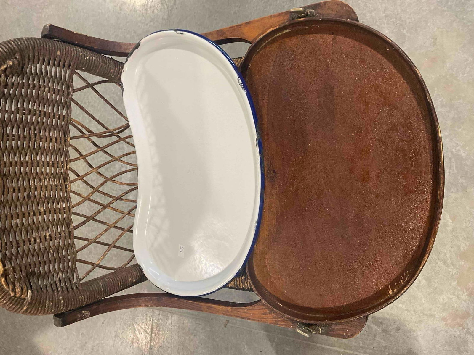 Antique Wood & Wicker High Chair w/ White Enameled Dish. Very Good Condition. See pics. - 5