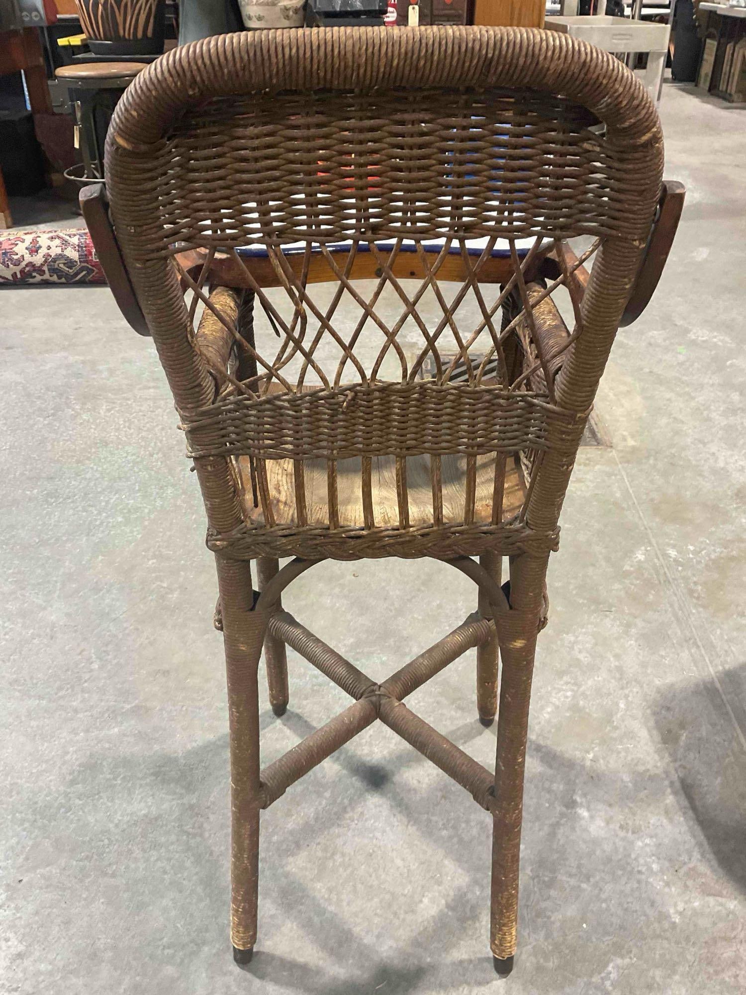 Antique Wood & Wicker High Chair w/ White Enameled Dish. Very Good Condition. See pics. - 6