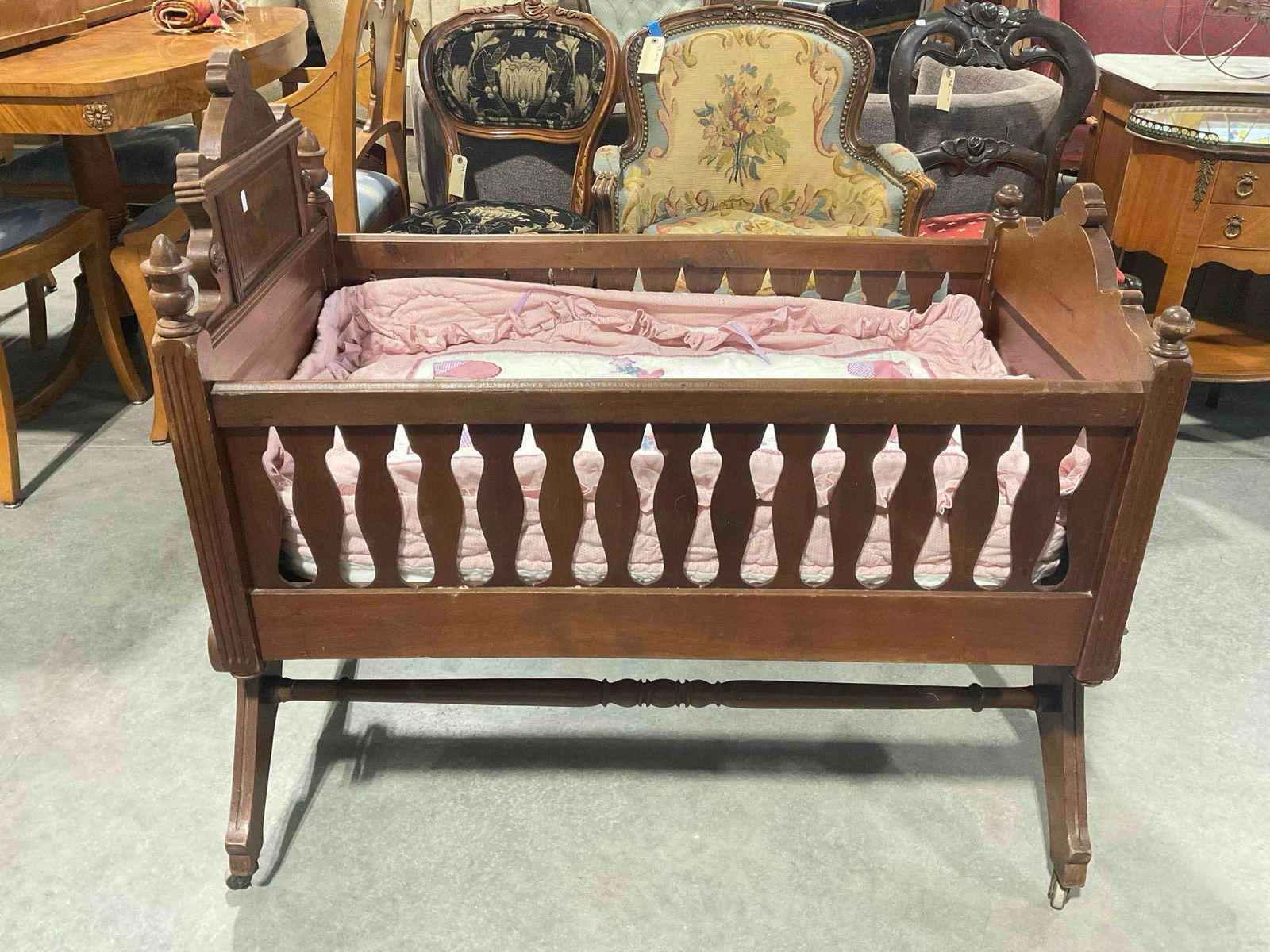 Antique Victorian Walnut? Wooden Rocking Crib/Cradle/Infant Bed. Very Good Condition. See pics.: Antique Victorian Walnut? Wooden Rocking Crib/Cradle/Infant Bed. Very Good Condition. On castors! Purchased in 1920s Germany. Minor wear indicative of age and use, condition is otherwise very good. Me