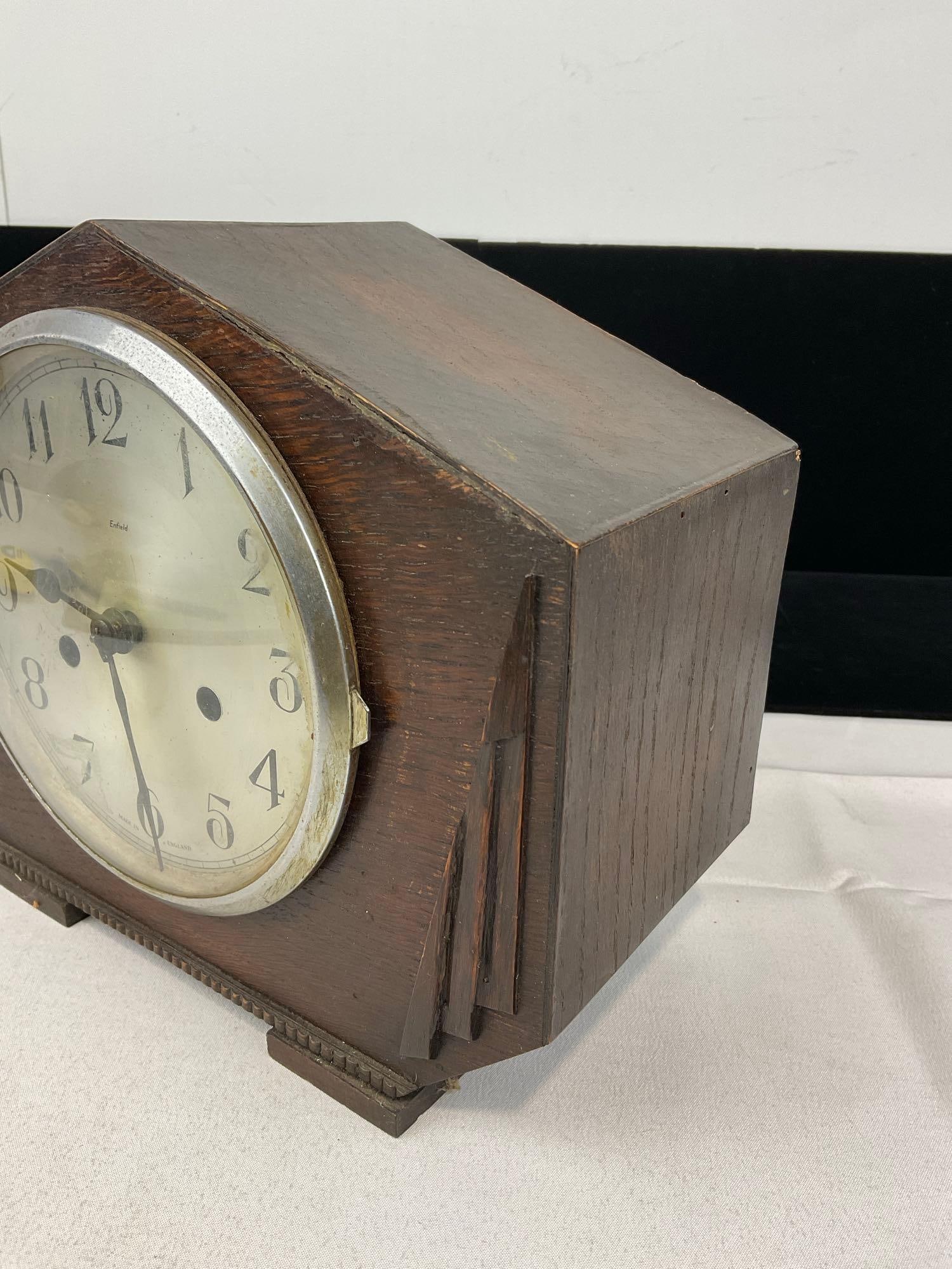 Antique Art Deco English Oak Enfield Mantel Clock w/Westminster Chime, Time Strike 10h x 11w x 6d... - 3