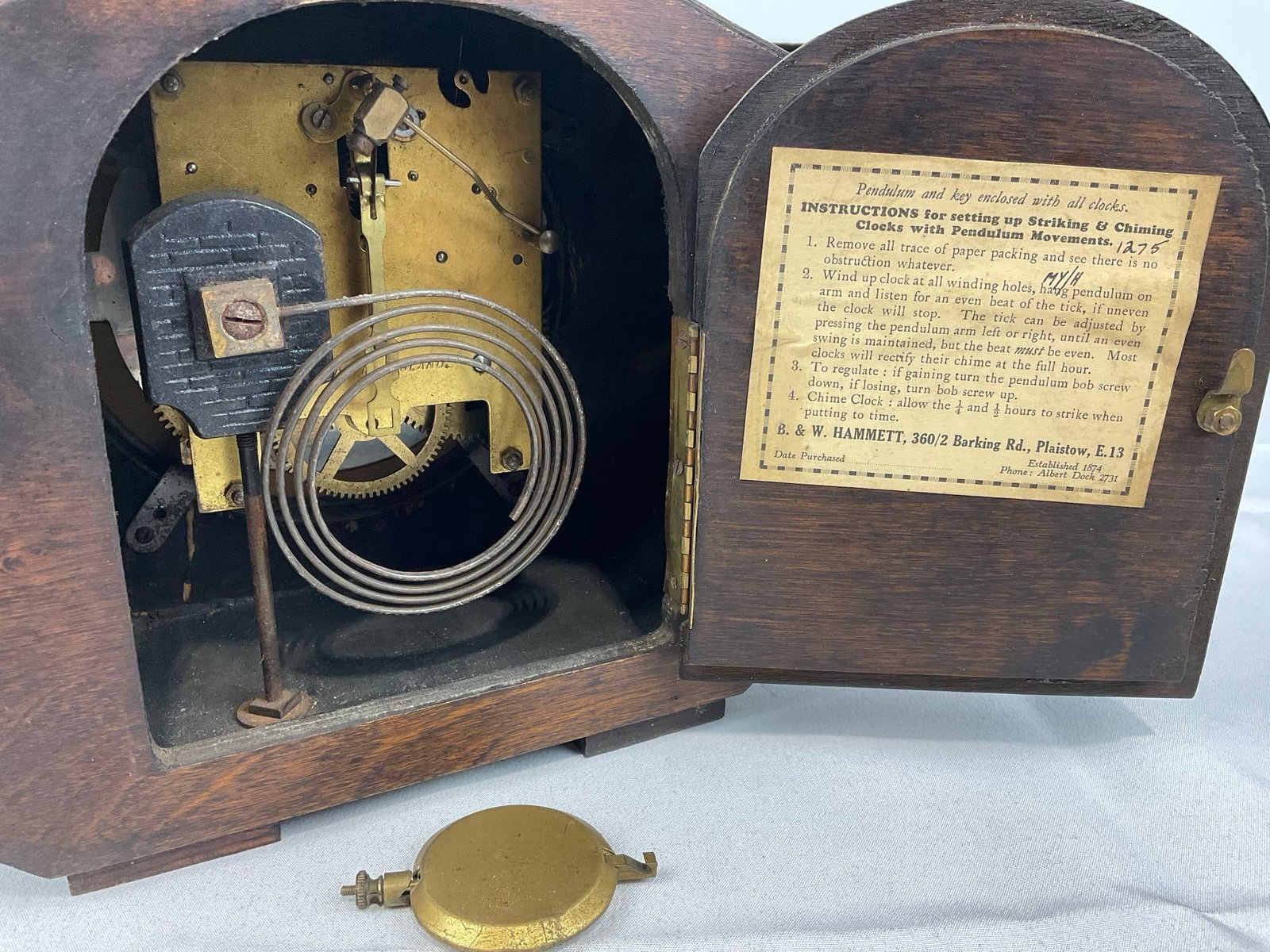 Antique Art Deco English Oak Enfield Mantel Clock w/Westminster Chime, Time Strike 10h x 11w x 6d... - 5