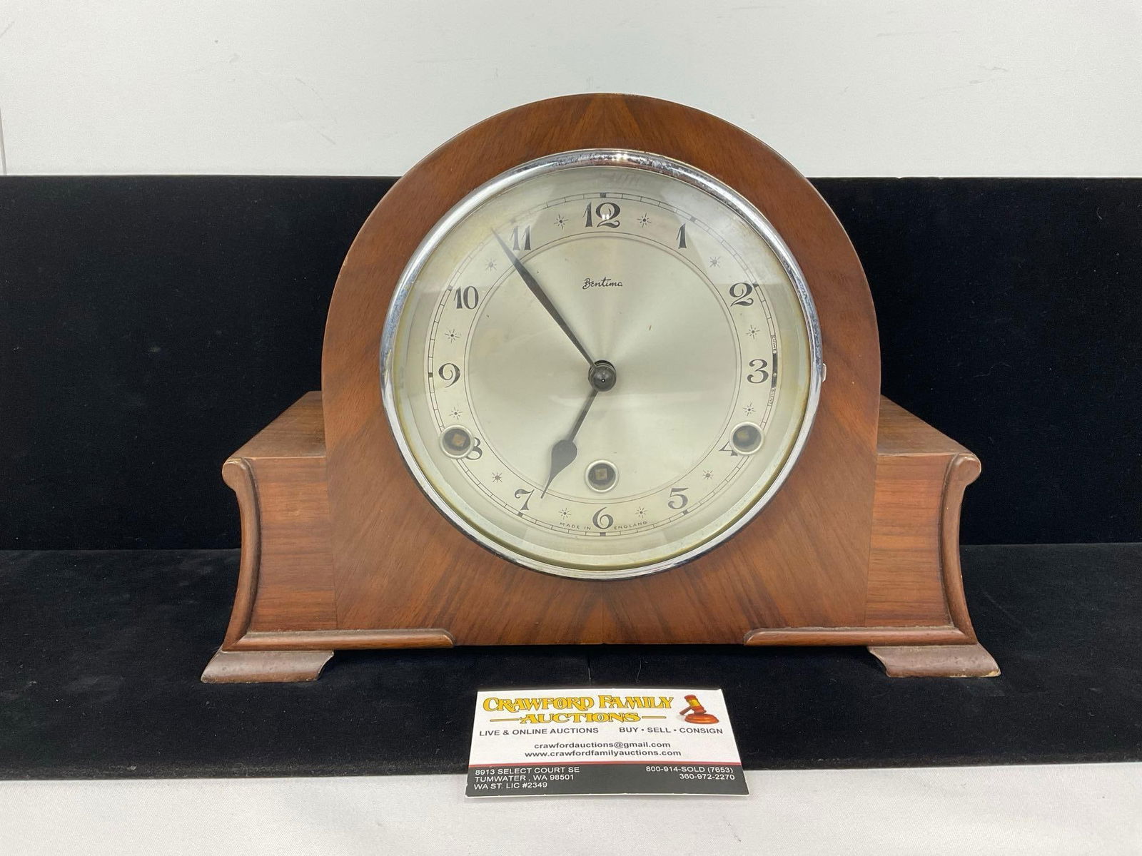 Vintage Bentimo English Mantel Humpback Clock, Time Strike Chime, 10h x 13w x 7d inches: All comes from the same collection. Appears to be in good shape. The piece measures approx 10h x 13w x 7d inches. See pics. E-5580