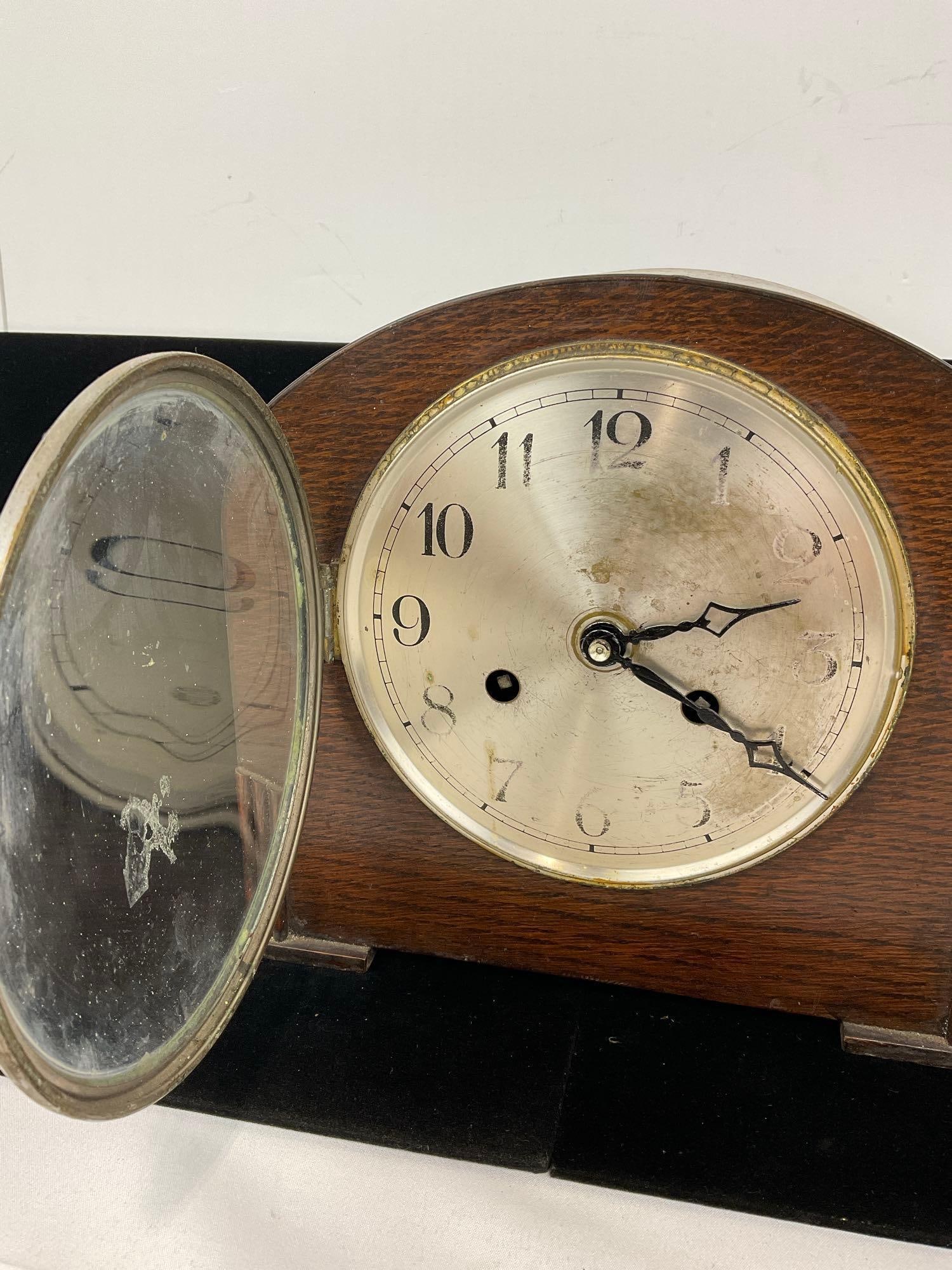 Early 20th Century Oak Wood Mantel Clock, Time Strike, Rounded Top, 10h x 10w x 6d inches - 2