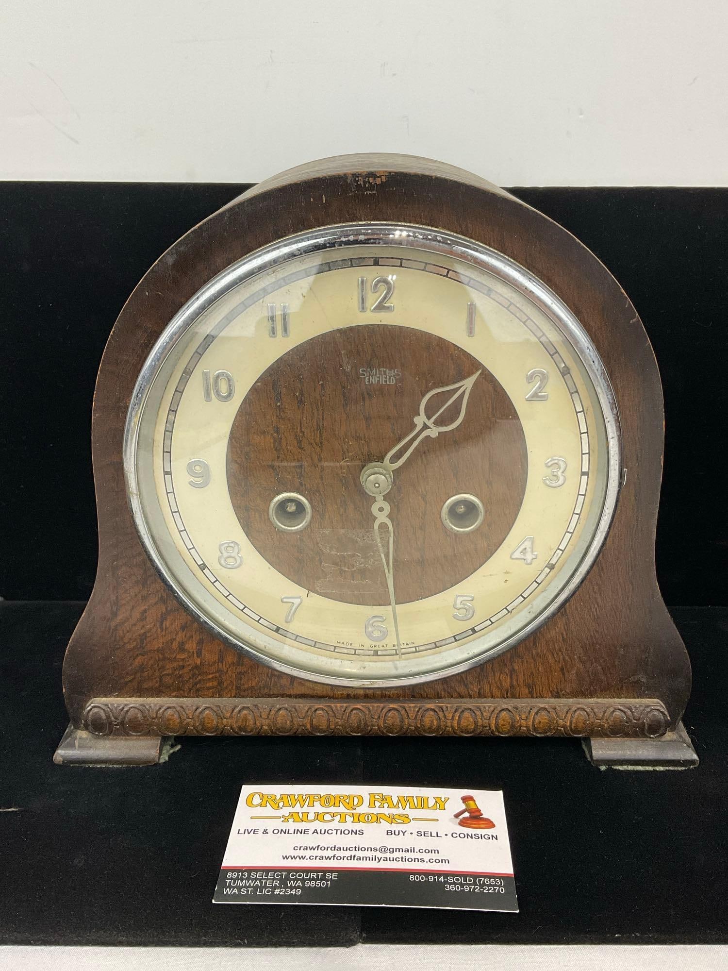 Early 20th Century Smiths Enfield Mantel Clock, Time Strike, 9h x 10w x 6d inches: All comes from the same collection. Appears to be in good shape. The piece measures approx 9h x 10w x 6d inches. See pics. E-5580