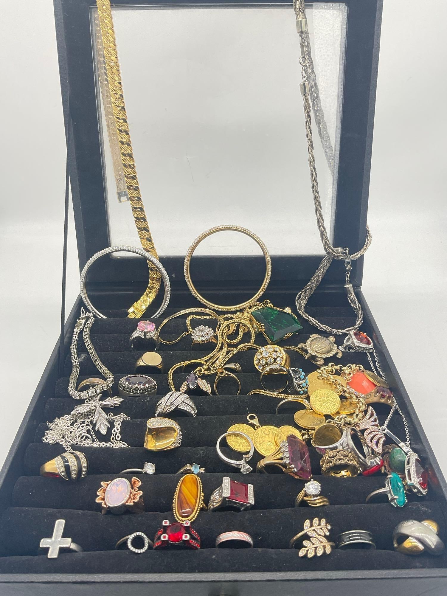 Approx. 40 Fashion rings w/ assorted sizes, stones + Gold & silver toned Necklaces, bracelets Plus - 2