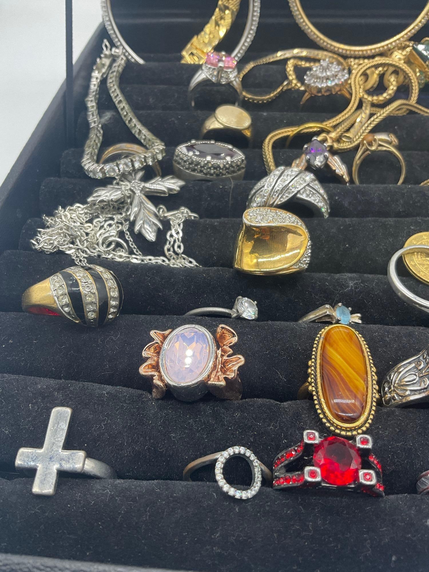 Approx. 40 Fashion rings w/ assorted sizes, stones + Gold & silver toned Necklaces, bracelets Plus - 3