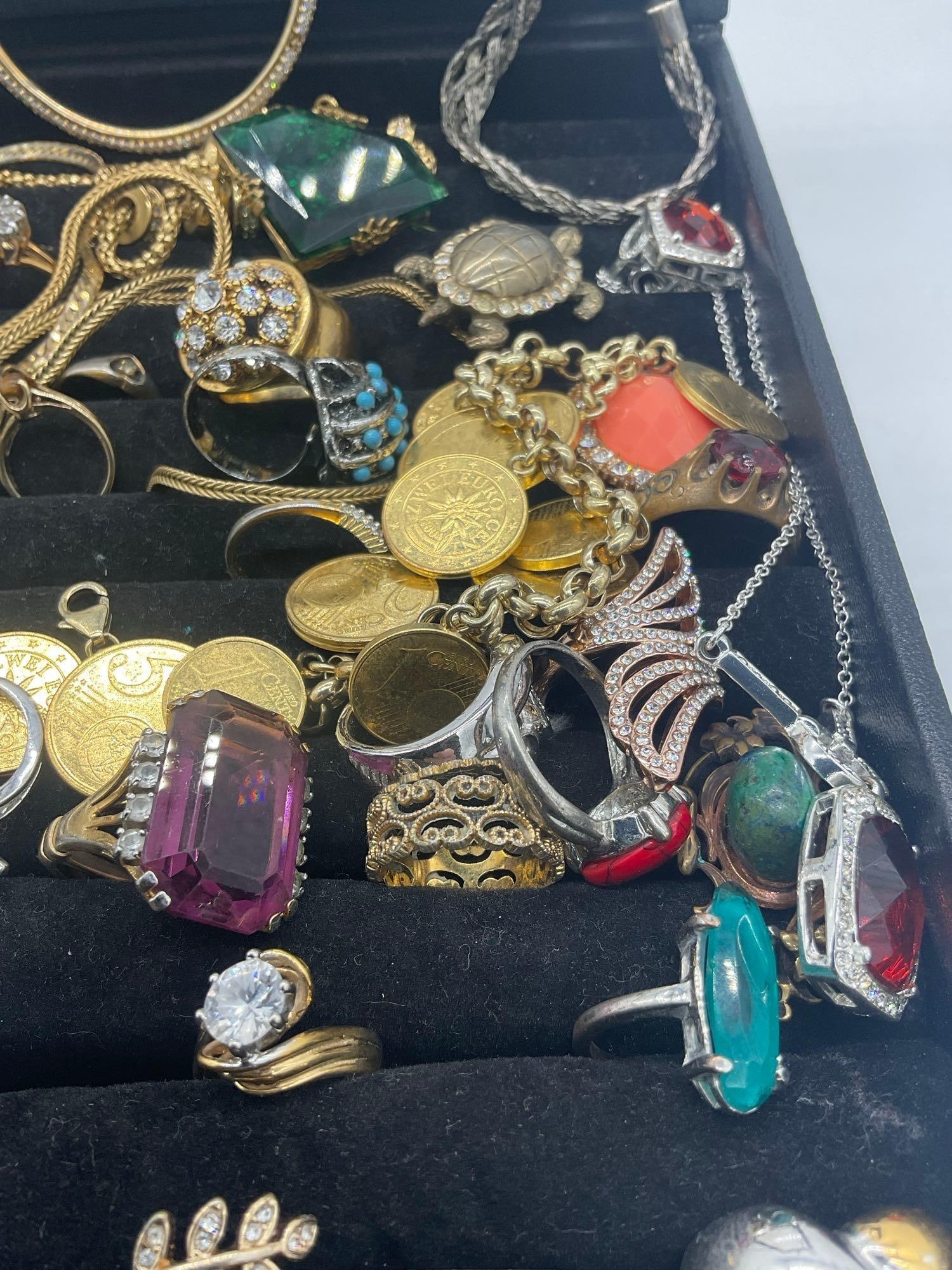 Approx. 40 Fashion rings w/ assorted sizes, stones + Gold & silver toned Necklaces, bracelets Plus - 4