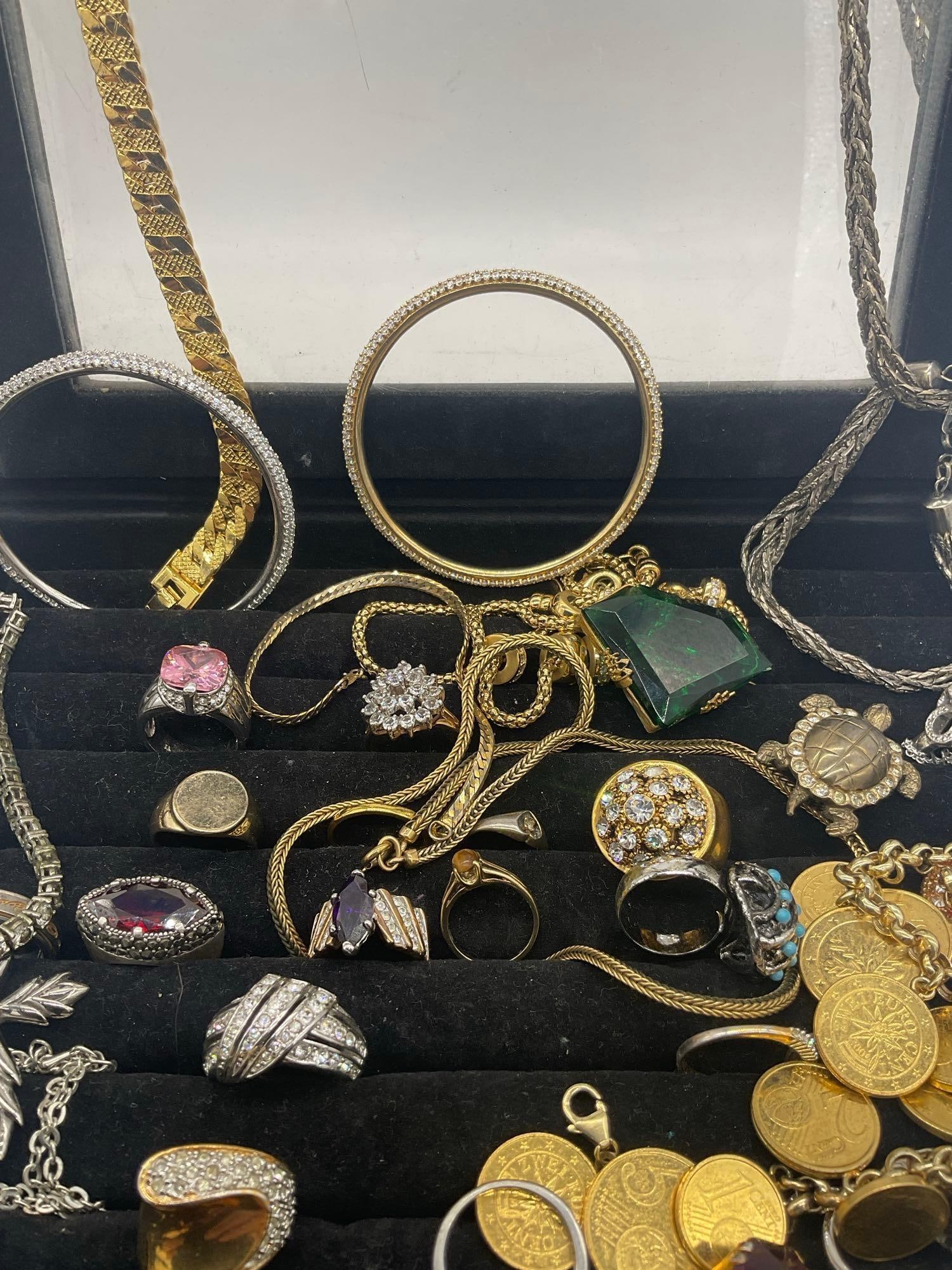 Approx. 40 Fashion rings w/ assorted sizes, stones + Gold & silver toned Necklaces, bracelets Plus - 5