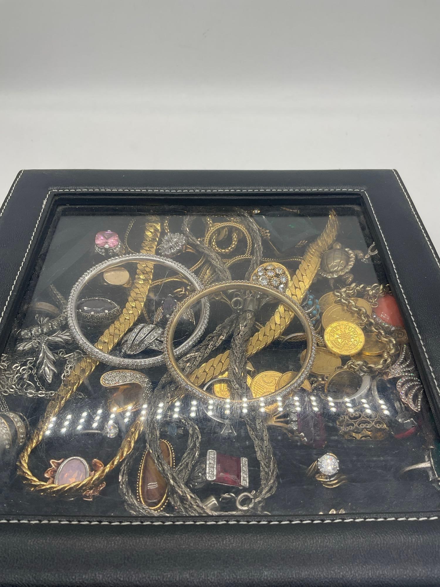 Approx. 40 Fashion rings w/ assorted sizes, stones + Gold & silver toned Necklaces, bracelets Plus - 6