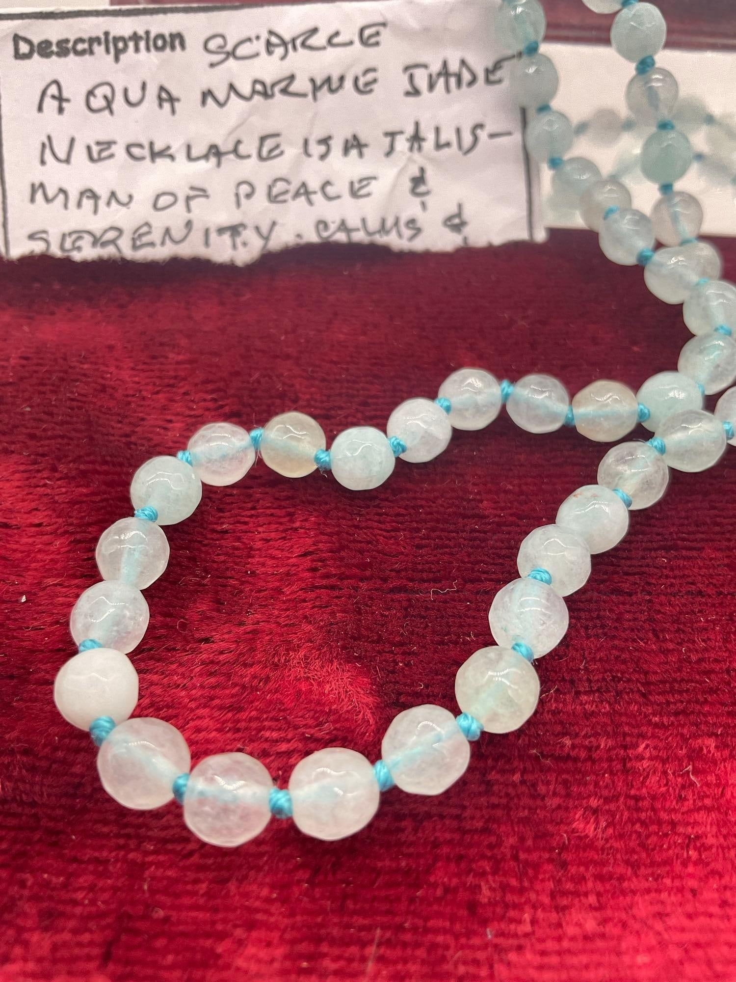 18" Rare Aquamarine tome "Man of Peace" double knotted Jade necklace w/ 14K white Gold Clasp - 2