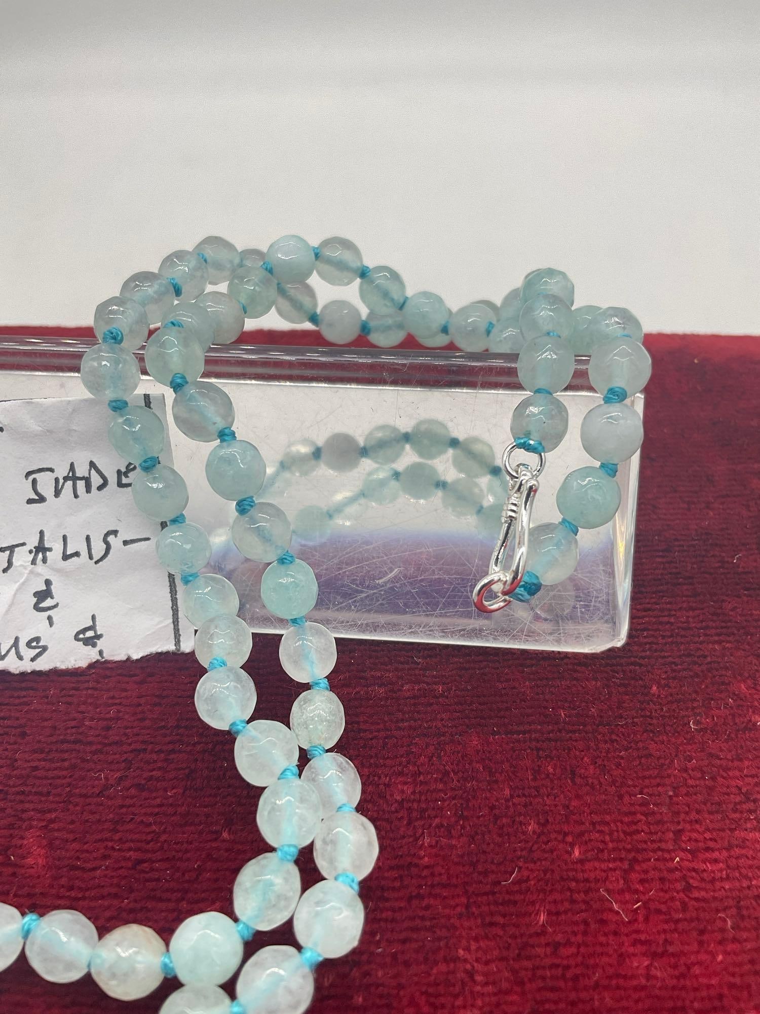 18" Rare Aquamarine tome "Man of Peace" double knotted Jade necklace w/ 14K white Gold Clasp - 3