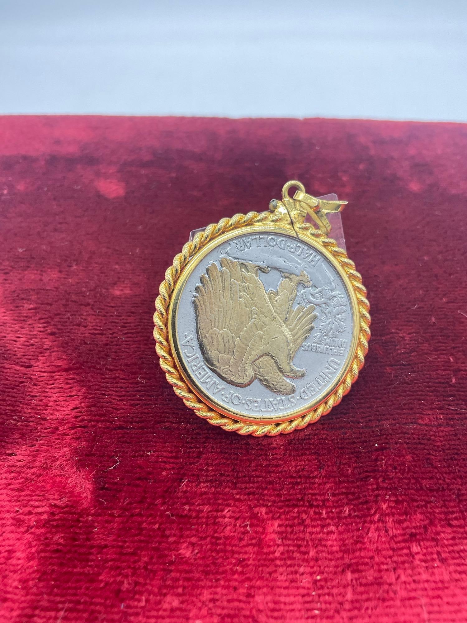 Gold Colorized 1944 Silver Liberty Walking Half dollar in a Gold plated Bezel - 2