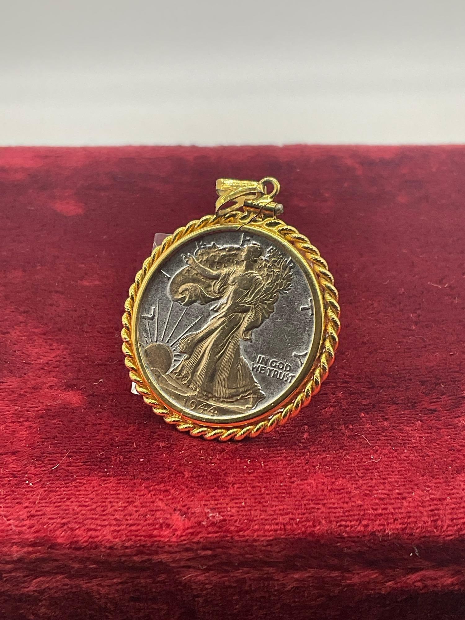 Gold Colorized 1944 Silver Liberty Walking Half dollar in a Gold plated Bezel - 4