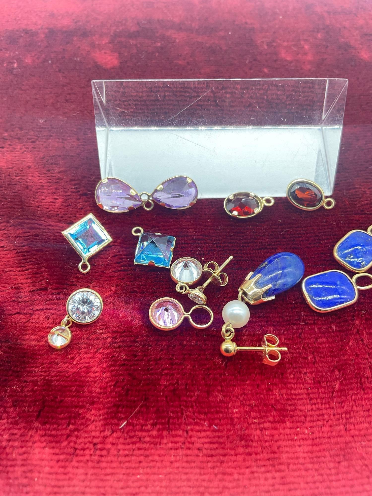 9 x 14K gold small pendants w/ various stones & 1 set 14k gold CZ earrings ,1 single lapis, pearl - 2