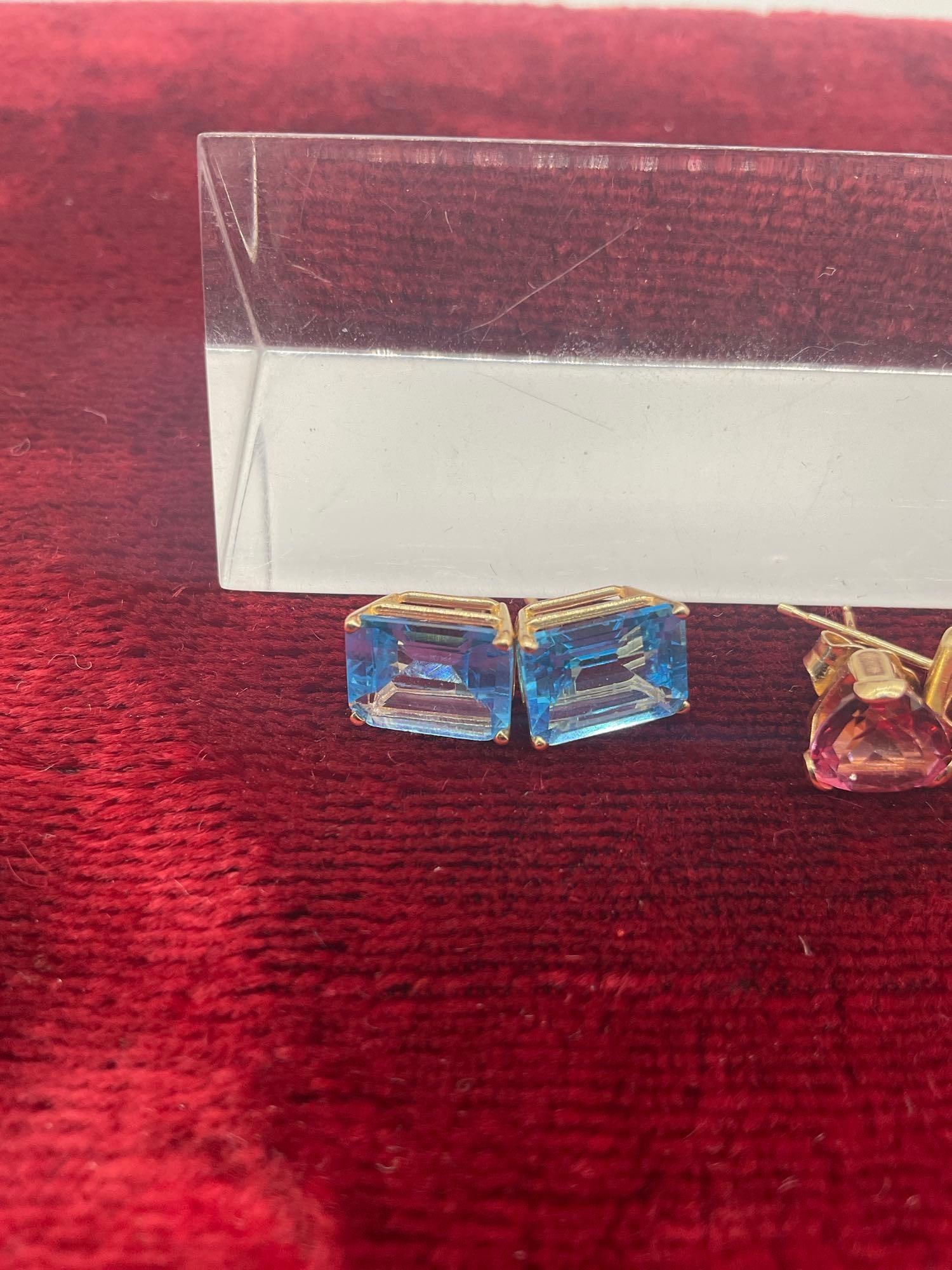 2 Pair of 14K gold Post earrings featuring Amethyst & Large emerald Cut Topaz Stones 3.12 Grams - 2