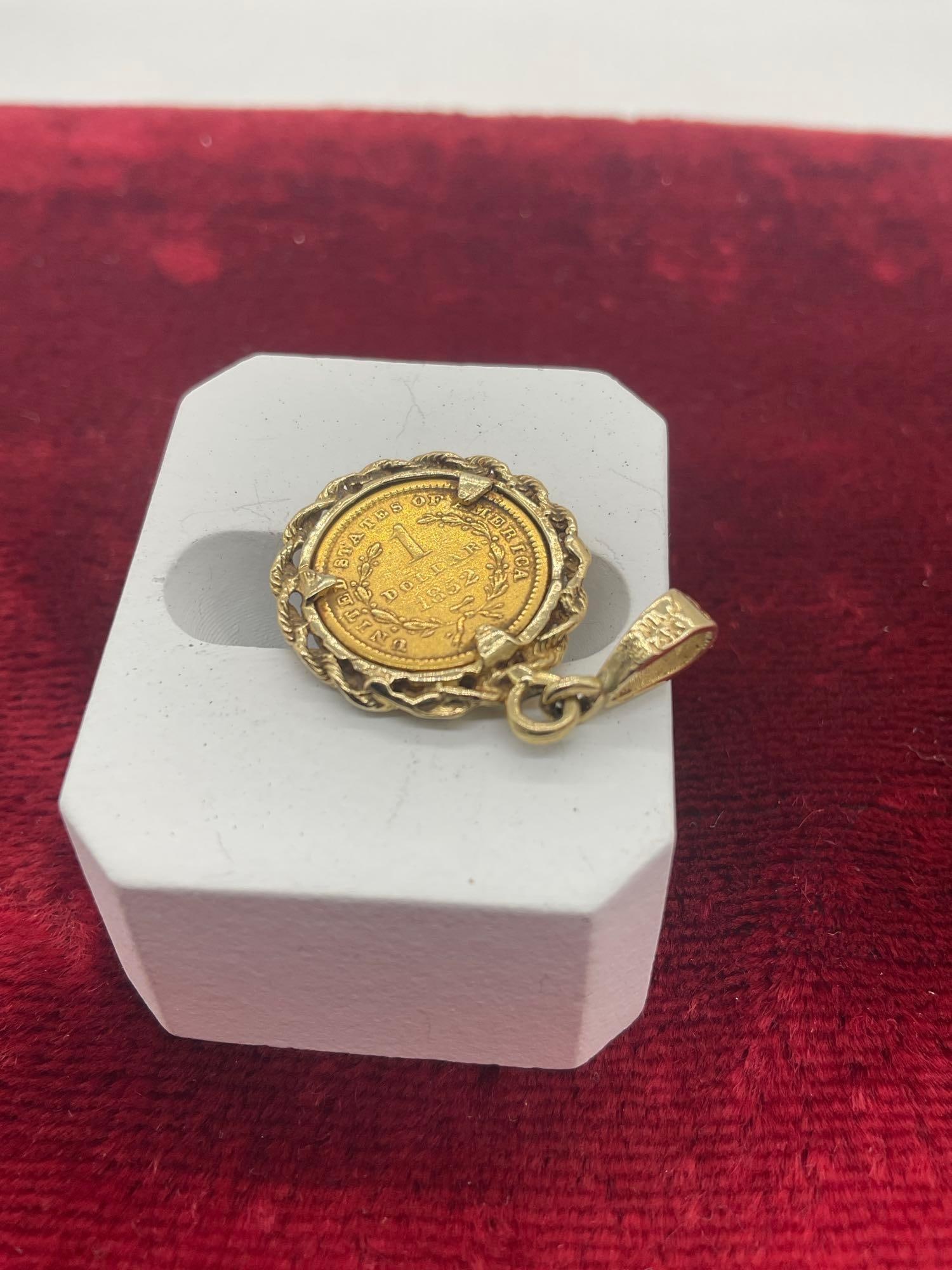 Antique 1852 Gold US Liberty head $1 dollar coin in a 14K gold Bezel 3.59 grams total weight - 3