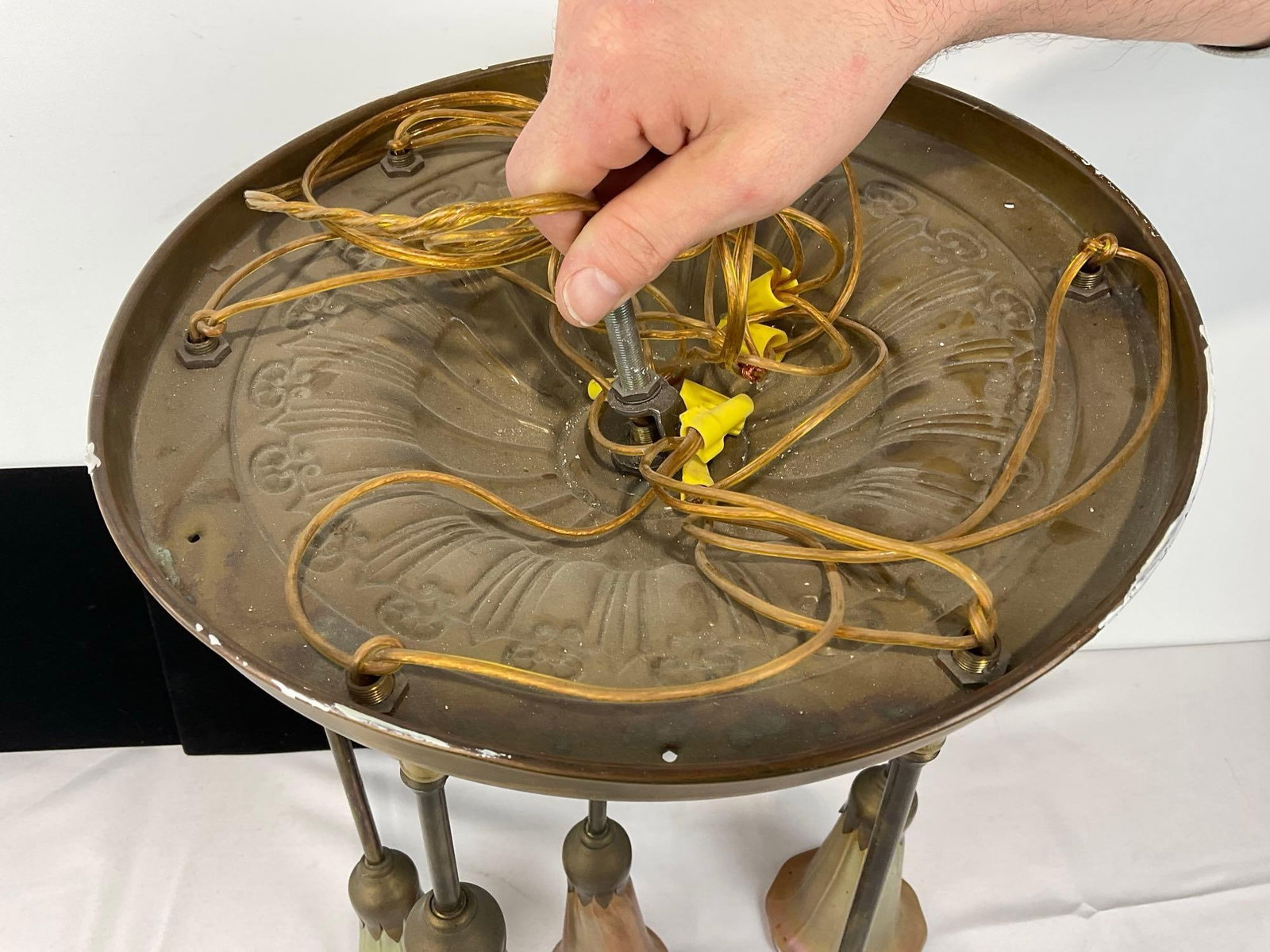 Antique 7 Light Chandelier w/Ornate Brass Ceiling Cover, w/ Iridescent Shade, hardwired. - 6