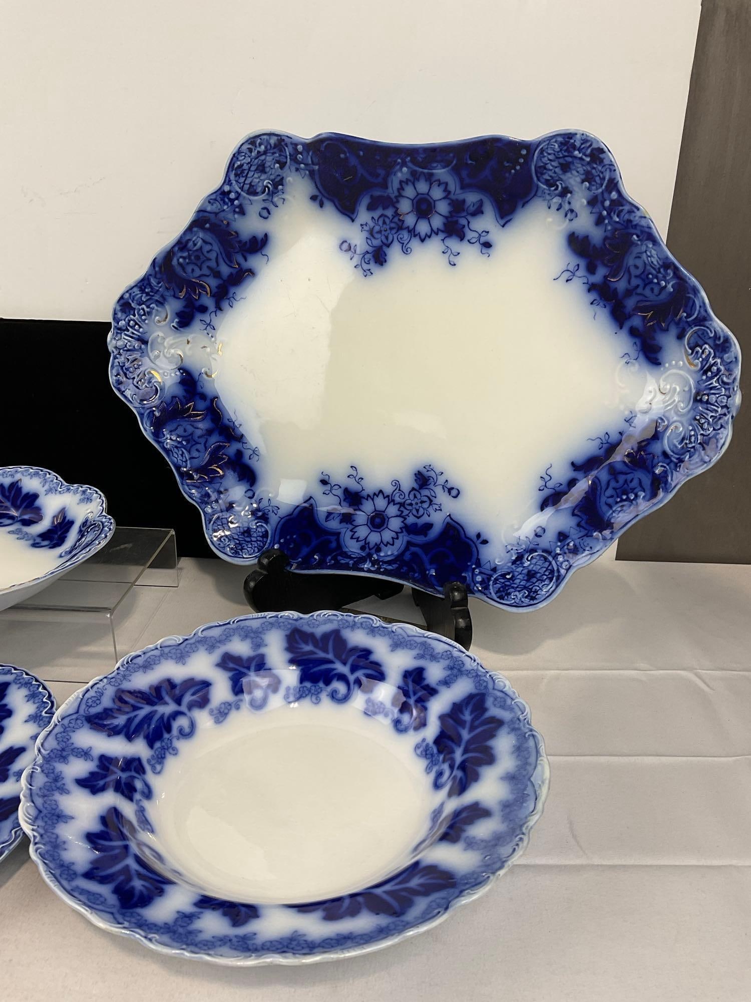 Antique Johnson Bros Normandy Pattern Flow Blue Set of 8 pieces, Platters, Plates & Bowls - 2