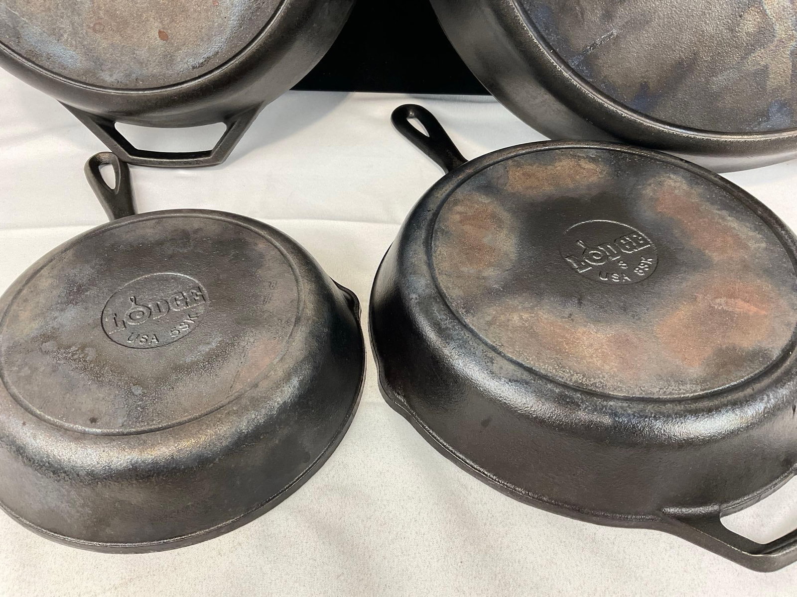 4 Cast Iron Lodge Skillets, 5, 8, 10 & 17 inch Skillets, largest w/two handles - 6