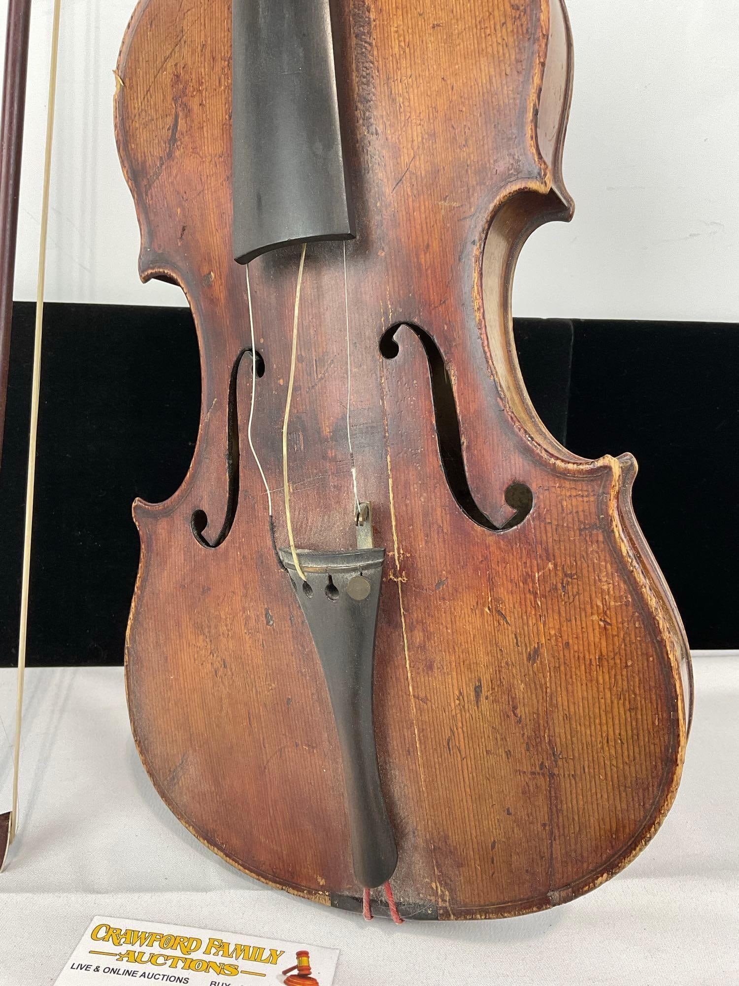 Antique Violin & Bow, missing one tuning peg, needs new strings, some missing finish - 2