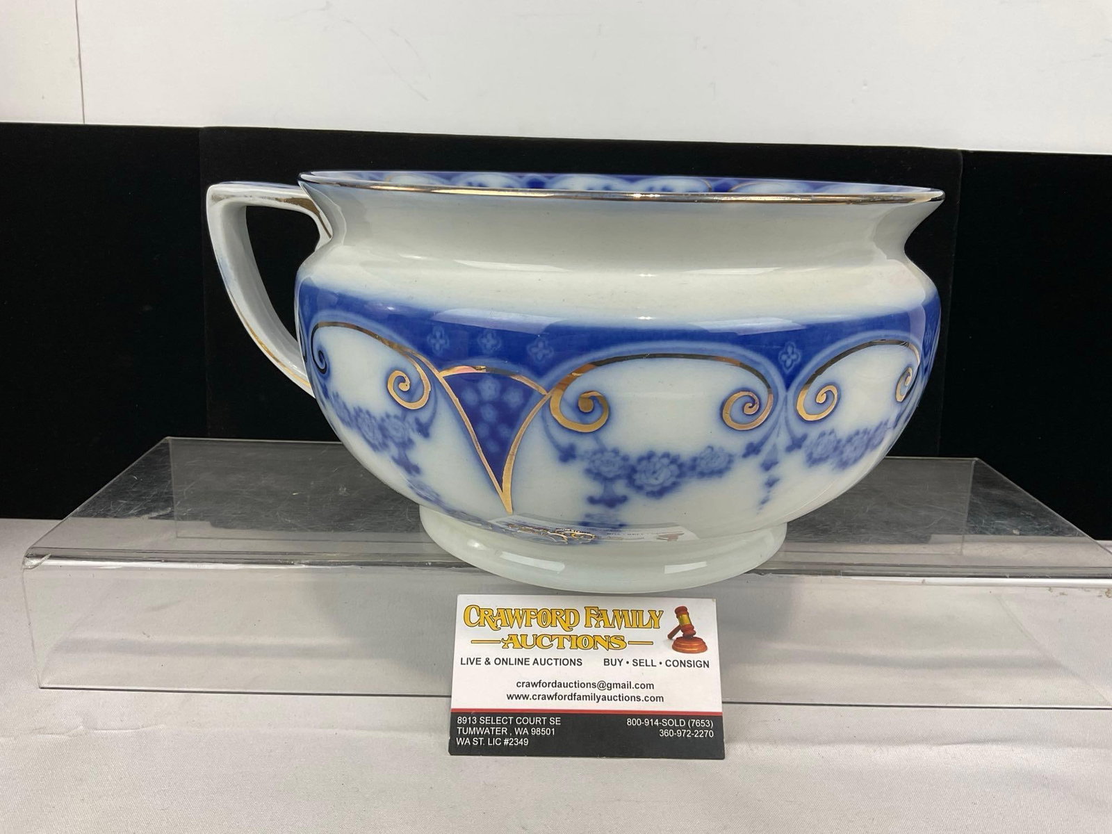 Imperial Semi-Porcelain MYott. Son & Co English Chamberpot blue w/gilt, 10h x 11w x 10d inches: Appears to be in fair to good shape. The piece measures approx 10h x 11w x 10d inches. See pics. E-5520 