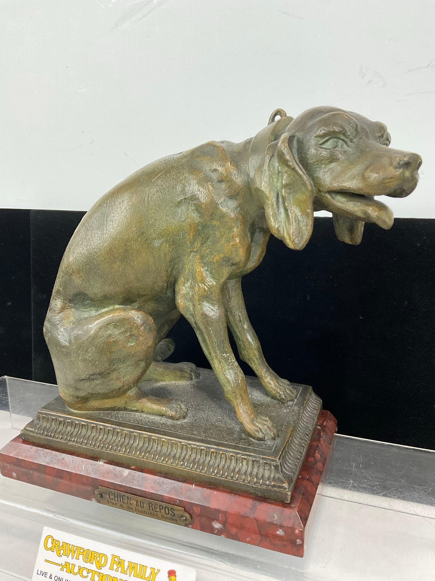 Bronze Dog Statue on Stone Stand, titled Chien Au Repos Par A. de Remieri Statuaire, 9h x 9w x 5d... - 2