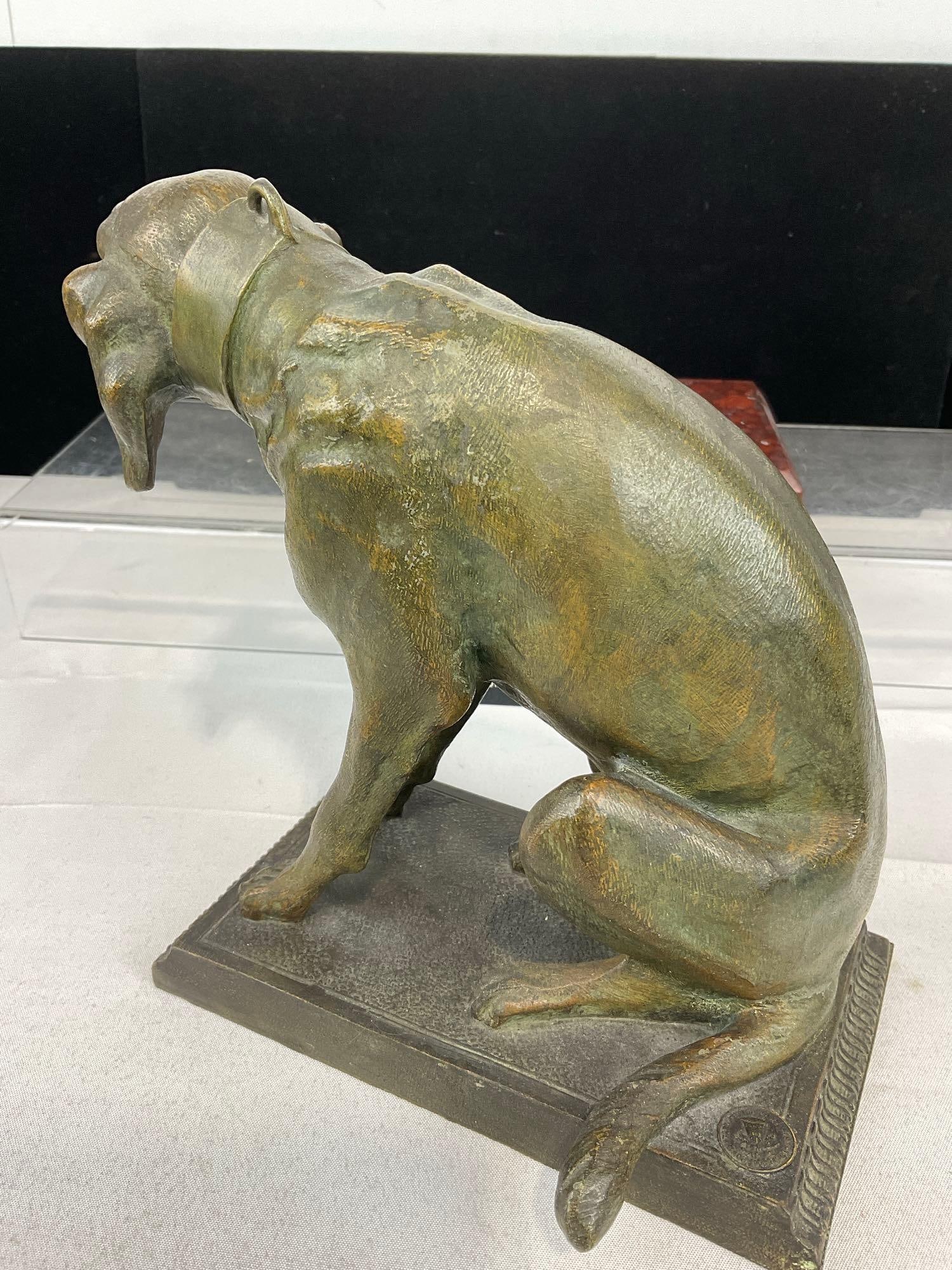 Bronze Dog Statue on Stone Stand, titled Chien Au Repos Par A. de Remieri Statuaire, 9h x 9w x 5d... - 3