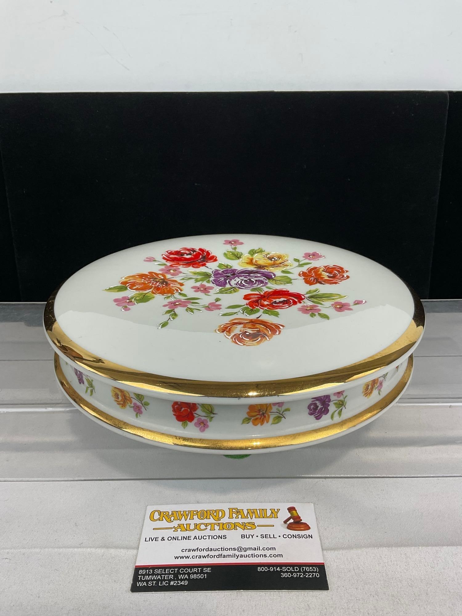 Vintage Limoges France Royal Deluxe Porcelain Lidded Dish, 3h x 10w x 10d inches, Handpainted motif (1 of 4)
