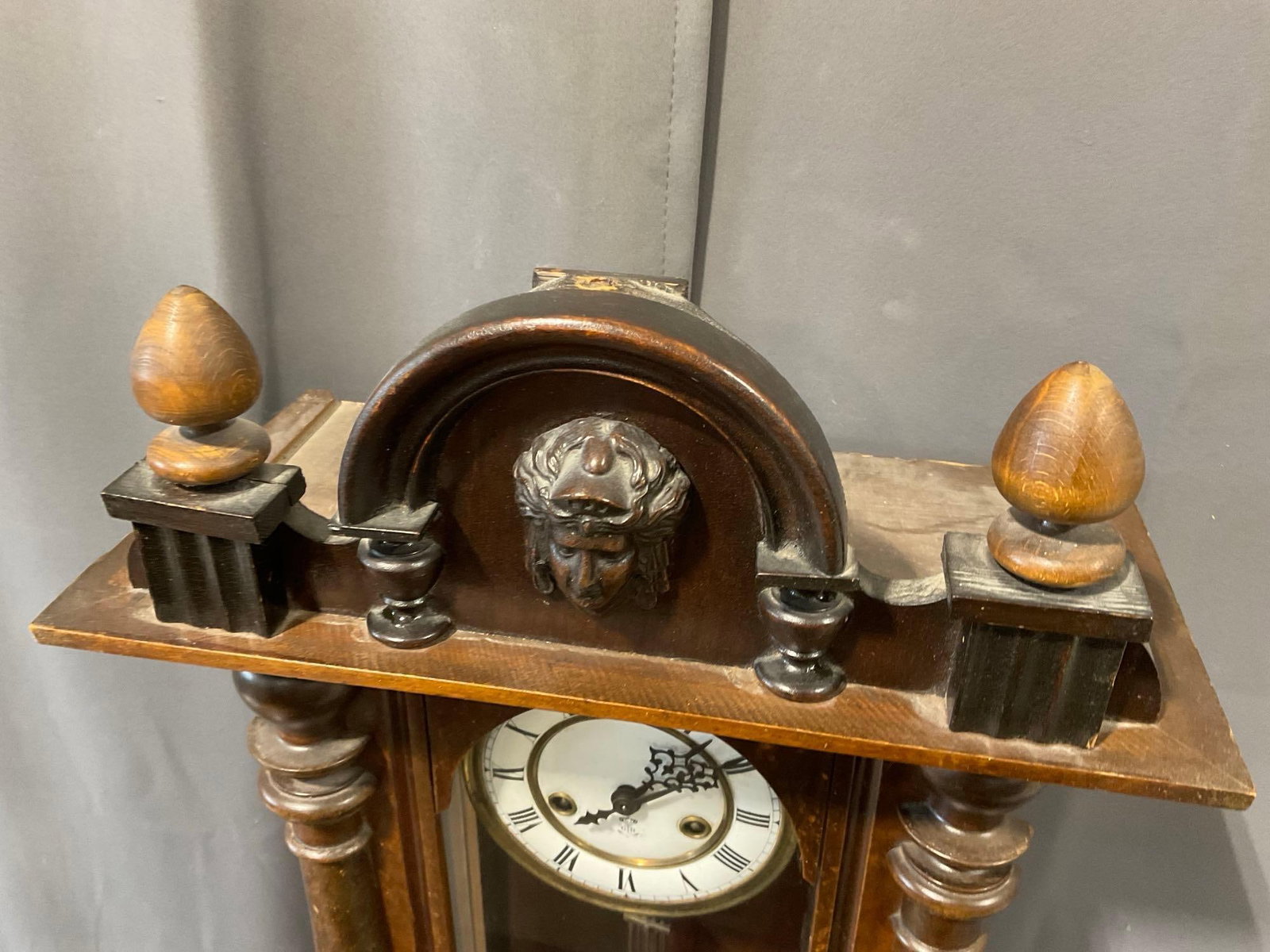 Antique German Regulator Wall Clock Pendulum w/key, Mixed Wood types, Carved Details, 30 x 15 x 8... - 2