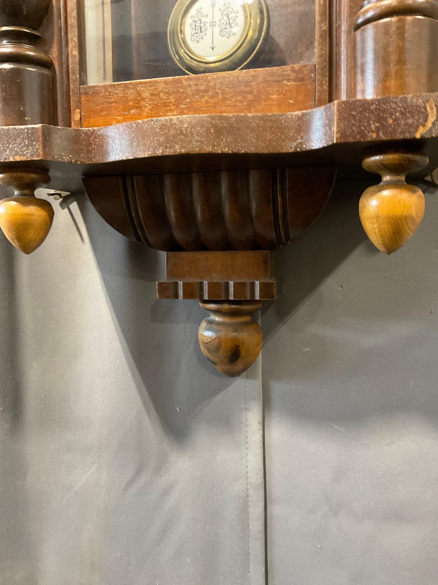 Antique German Regulator Wall Clock Pendulum w/key, Mixed Wood types, Carved Details, 30 x 15 x 8... - 4