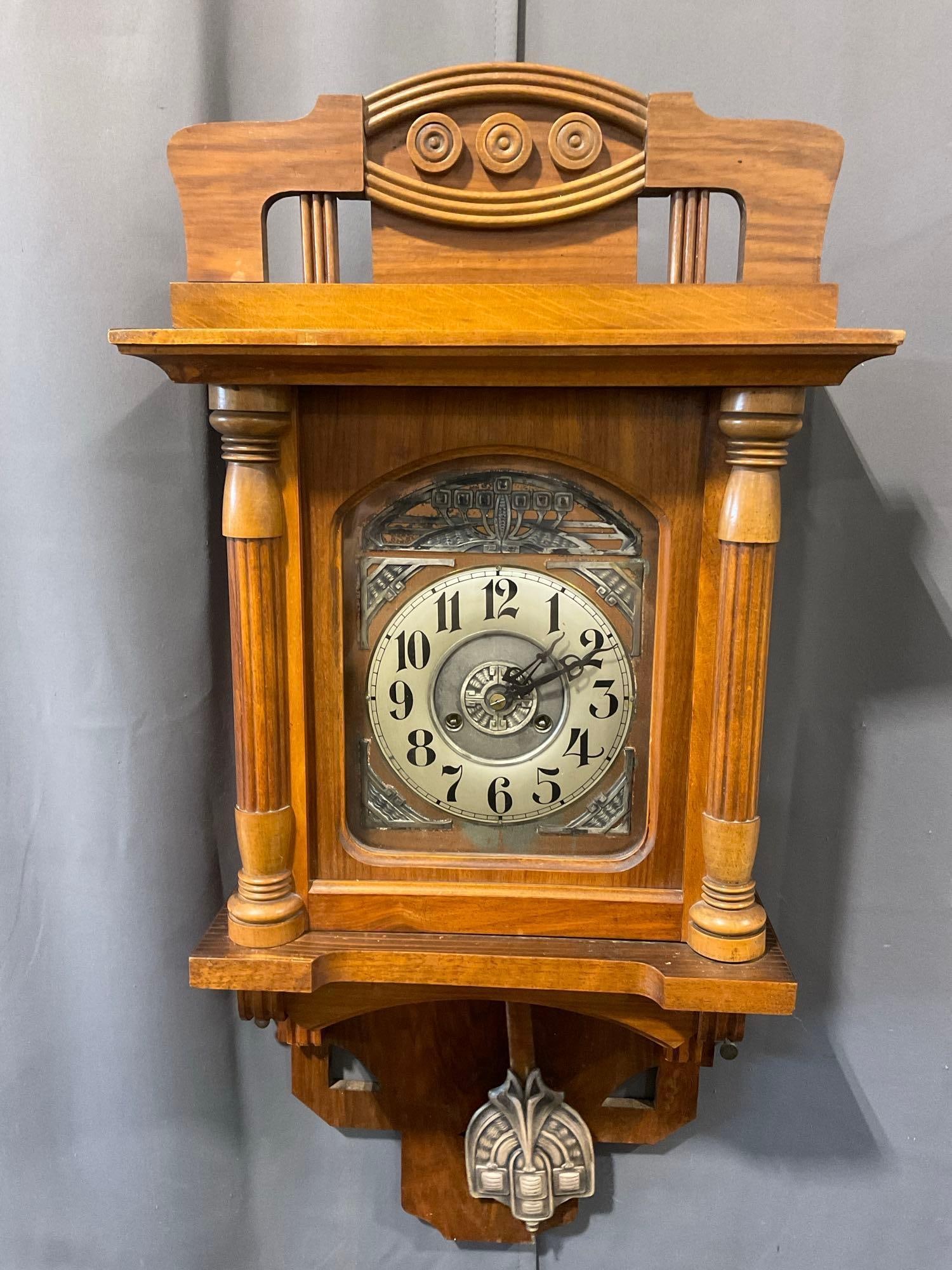 Antique Art Nouveau Oak German Junghans Time Strike Pendulum Wall Clock w/key, 27h x 17w x 9d inc... (1 of 6)