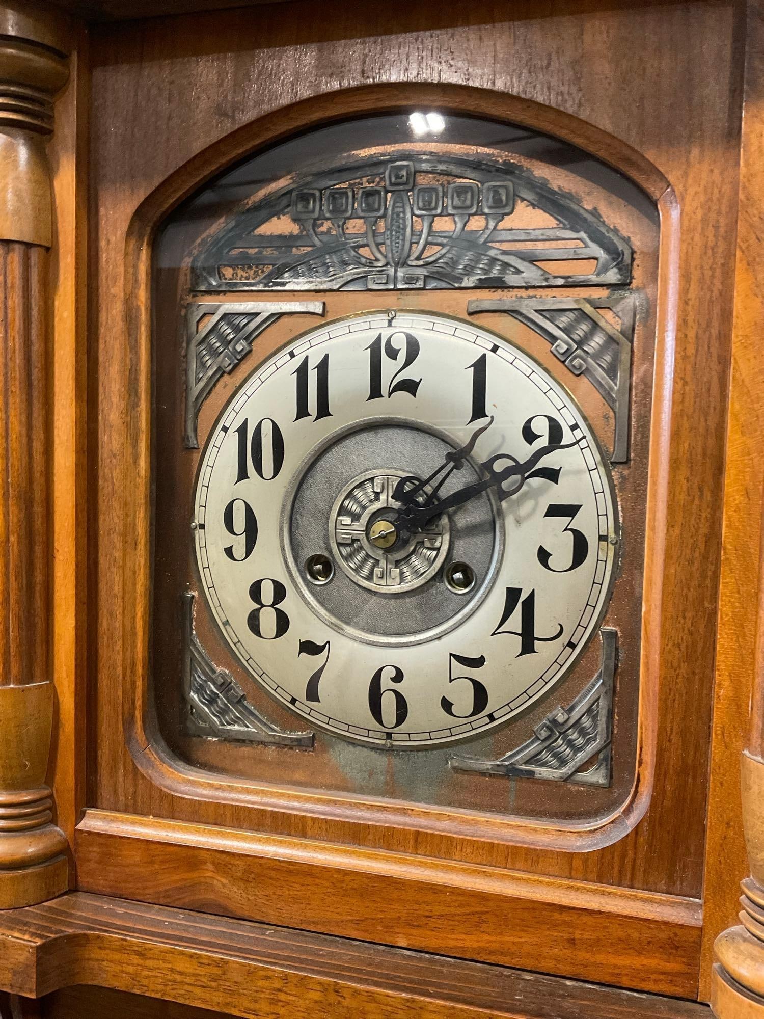 Antique Art Nouveau Oak German Junghans Time Strike Pendulum Wall Clock w/key, 27h x 17w x 9d inc... - 2