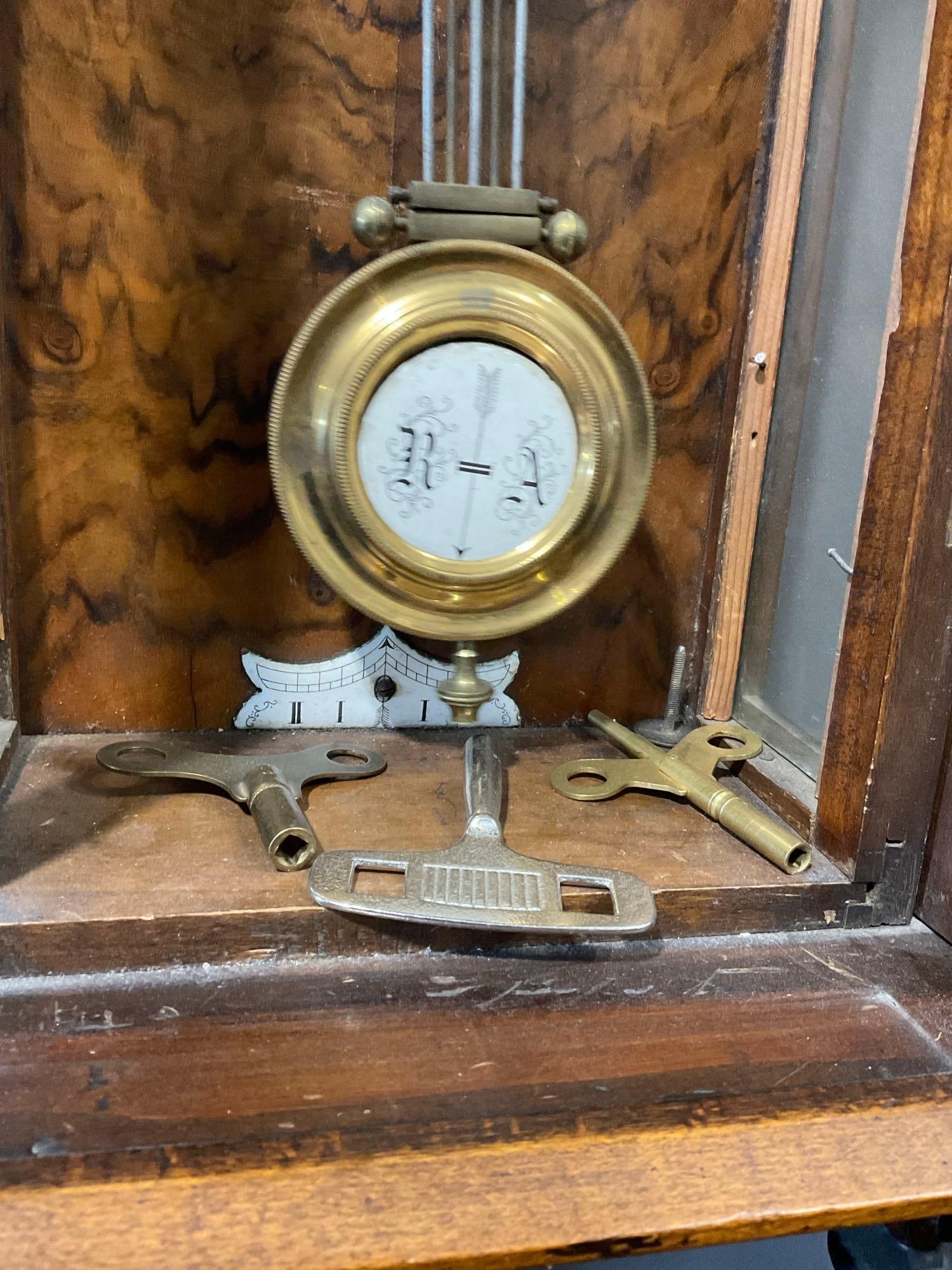 Antique Vienna Regulator, Walnut & Dark Tone Wood, Pendulum Time, w/2 Keys 35h x 14w x 7d inches - 5