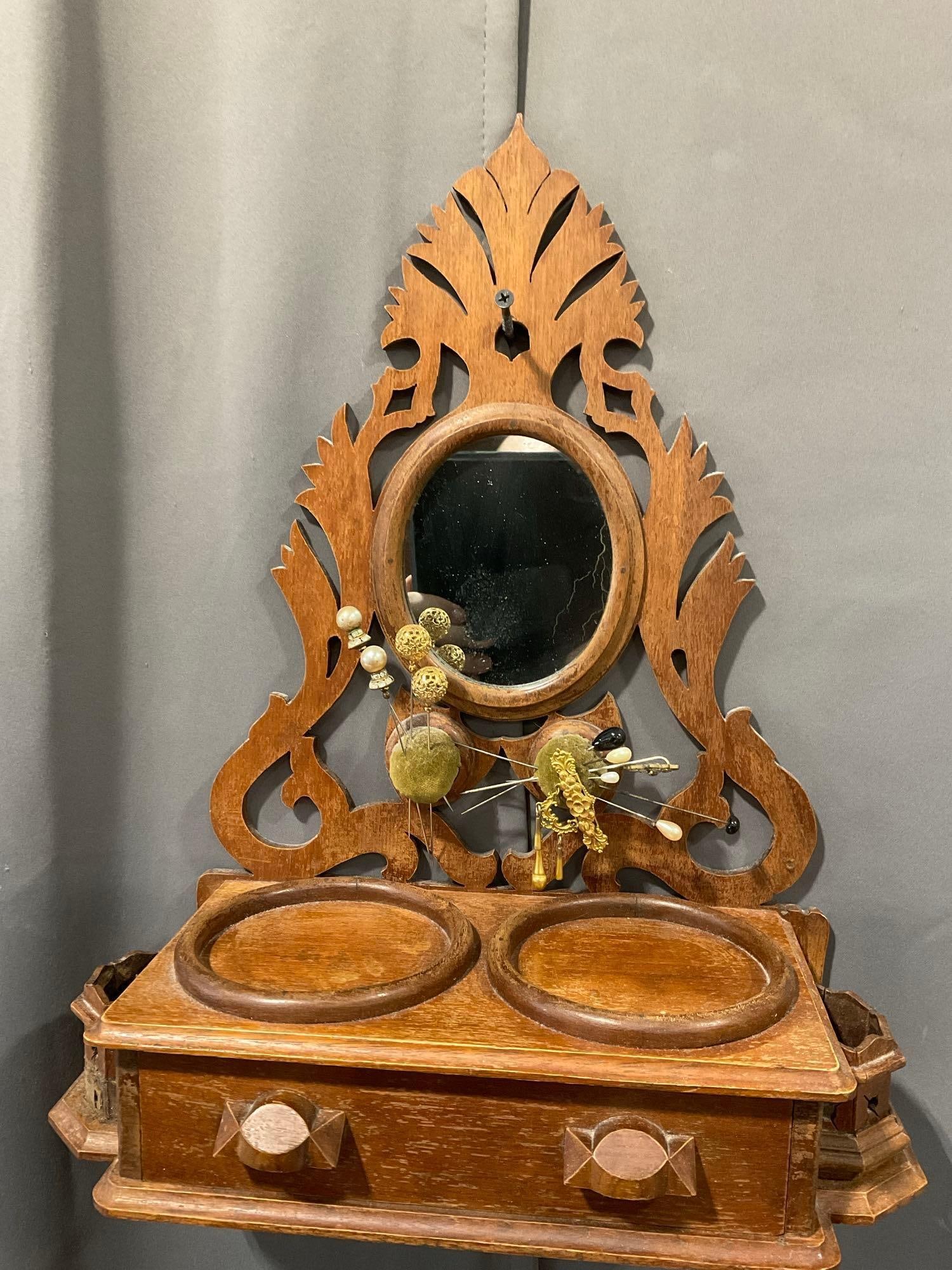 Antique Victorian Carved Wooden Wall Hanging Dressing Table w/Mirror & Drawer, 18h x 14w x 7d inch: All from the same collection. Appears to be in fair to good shape. The piece measures approx 18h x 14w x 7d inches. See pics. E-5520 *Oversized shipping may apply* 