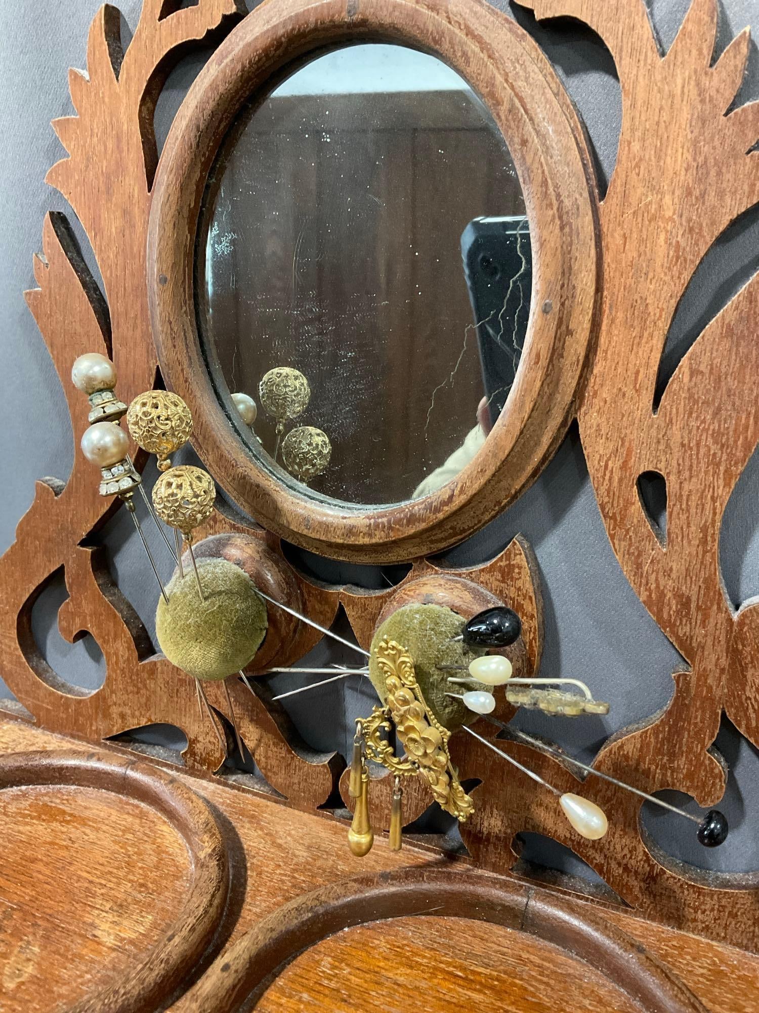 Antique Victorian Carved Wooden Wall Hanging Dressing Table w/Mirror & Drawer, 18h x 14w x 7d inch - 2