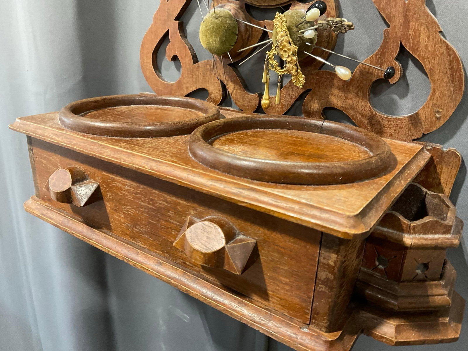Antique Victorian Carved Wooden Wall Hanging Dressing Table w/Mirror & Drawer, 18h x 14w x 7d inch - 4