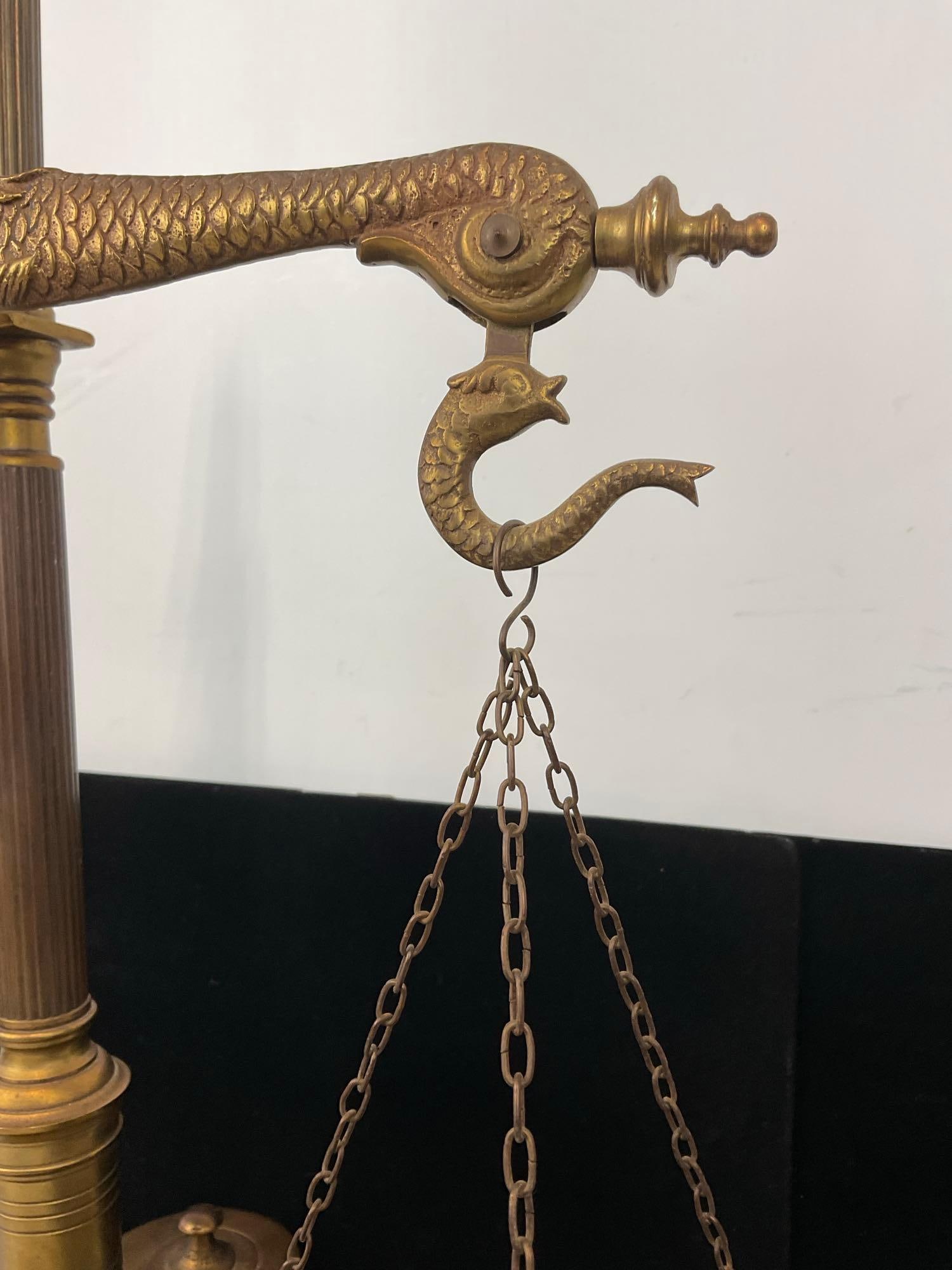 Antique Portuguese Equal Balance Scale, Cast Brass, Fish Shaped Motif, w/ Weights in base, 24h x ... - 3