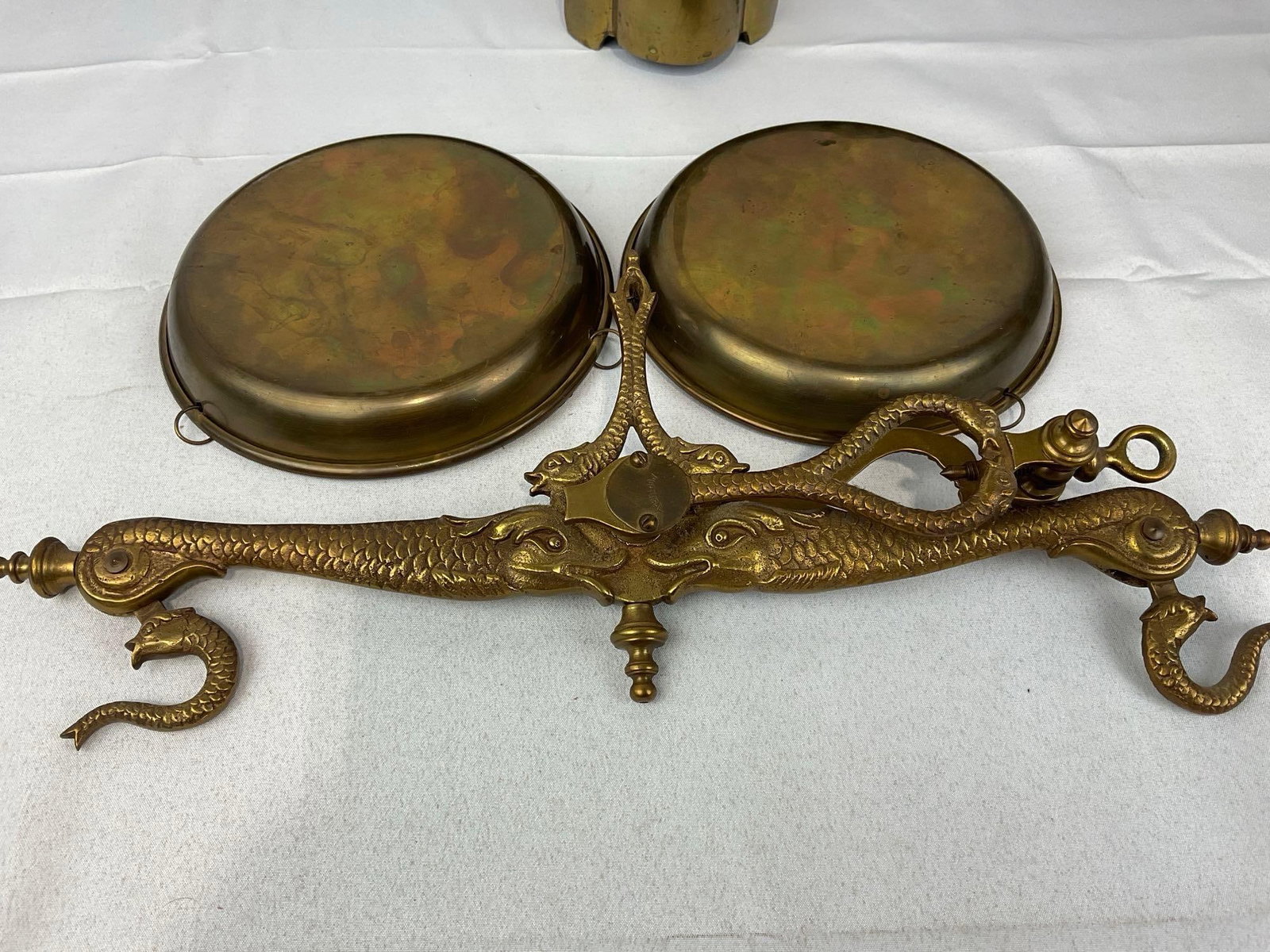 Antique Portuguese Equal Balance Scale, Cast Brass, Fish Shaped Motif, w/ Weights in base, 24h x ... - 7